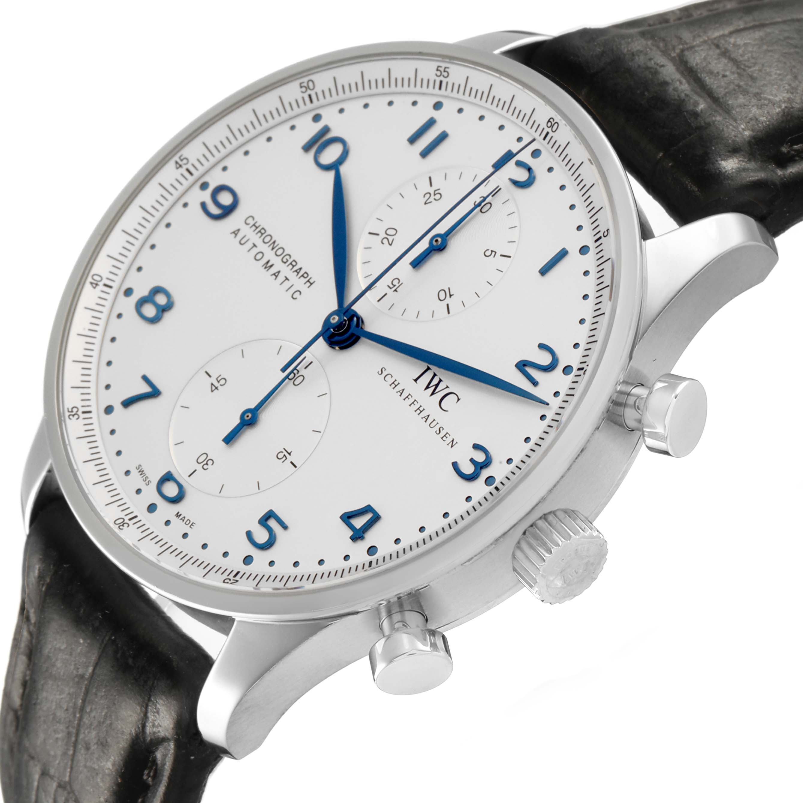 The IWC Portuguese IW371446 Men's Stainless Steel Silver Dial model watch is shown at a slight side angle, highlighting the dial, pushers, crown, and leather strap.