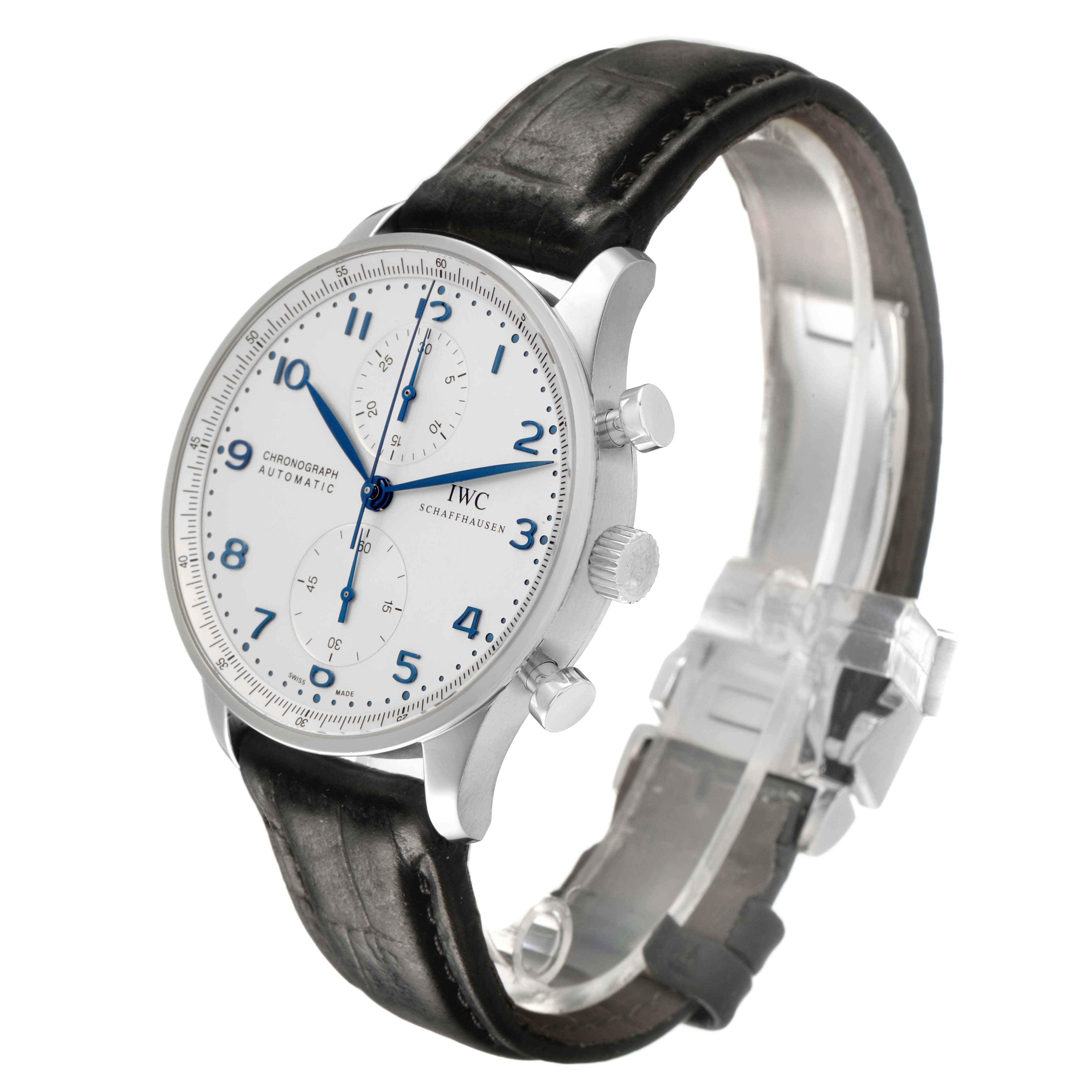 The IWC Portuguese IW371446 Men's Stainless Steel Silver Dial model watch is shown at a three-quarter angle, displaying the face, crown, and leather strap.