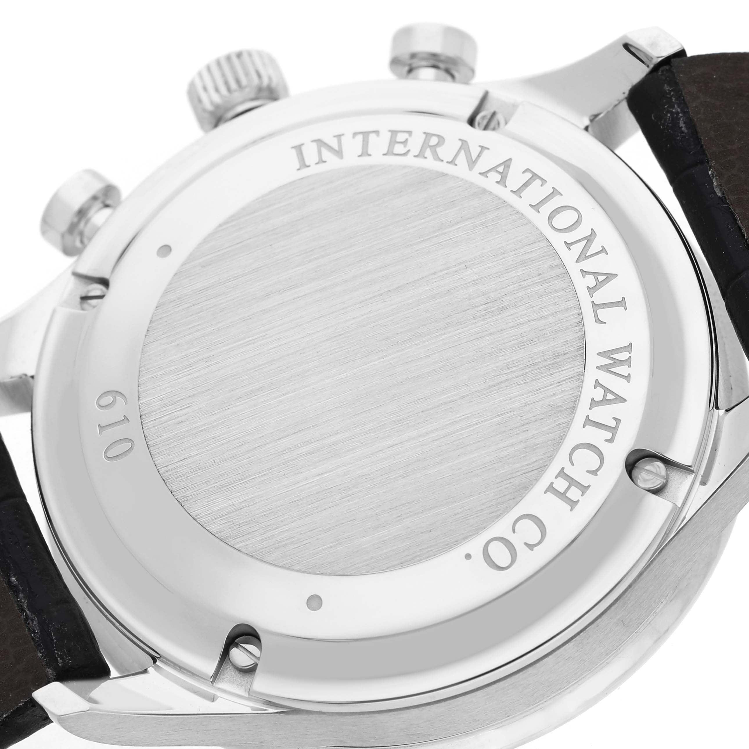 The image shows the back of an IWC Portuguese IW371446 Men's Stainless Steel Silver Dial watch, highlighting the case back, crown, and pushers.