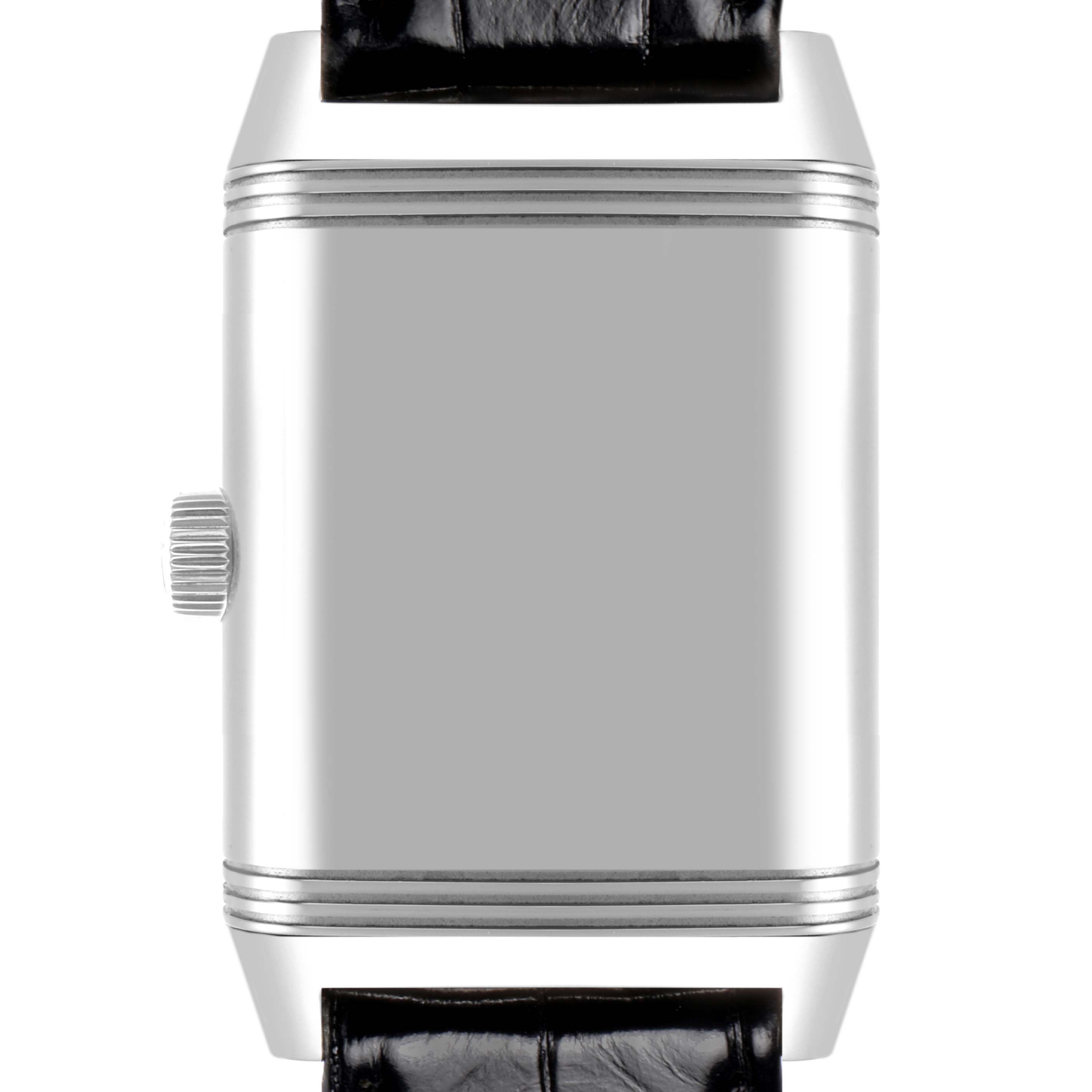 The image shows a frontal view of the Jaeger LeCoultre Reverso Q3038420 Men's Stainless Steel Silver Dial Q3038420 Men's Stainless Steel Silver Dial model, focusing on its case and crown.