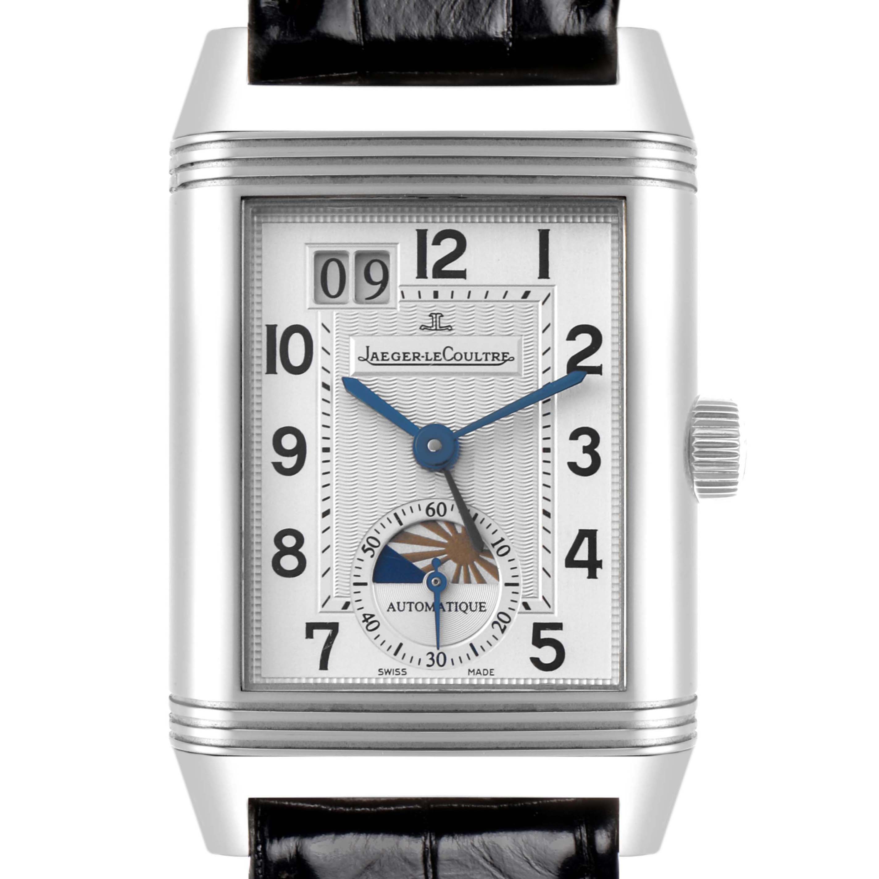 The Jaeger-LeCoultre Reverso watch is shown from the front, displaying its rectangular face, dial, hands, and crown on the side.