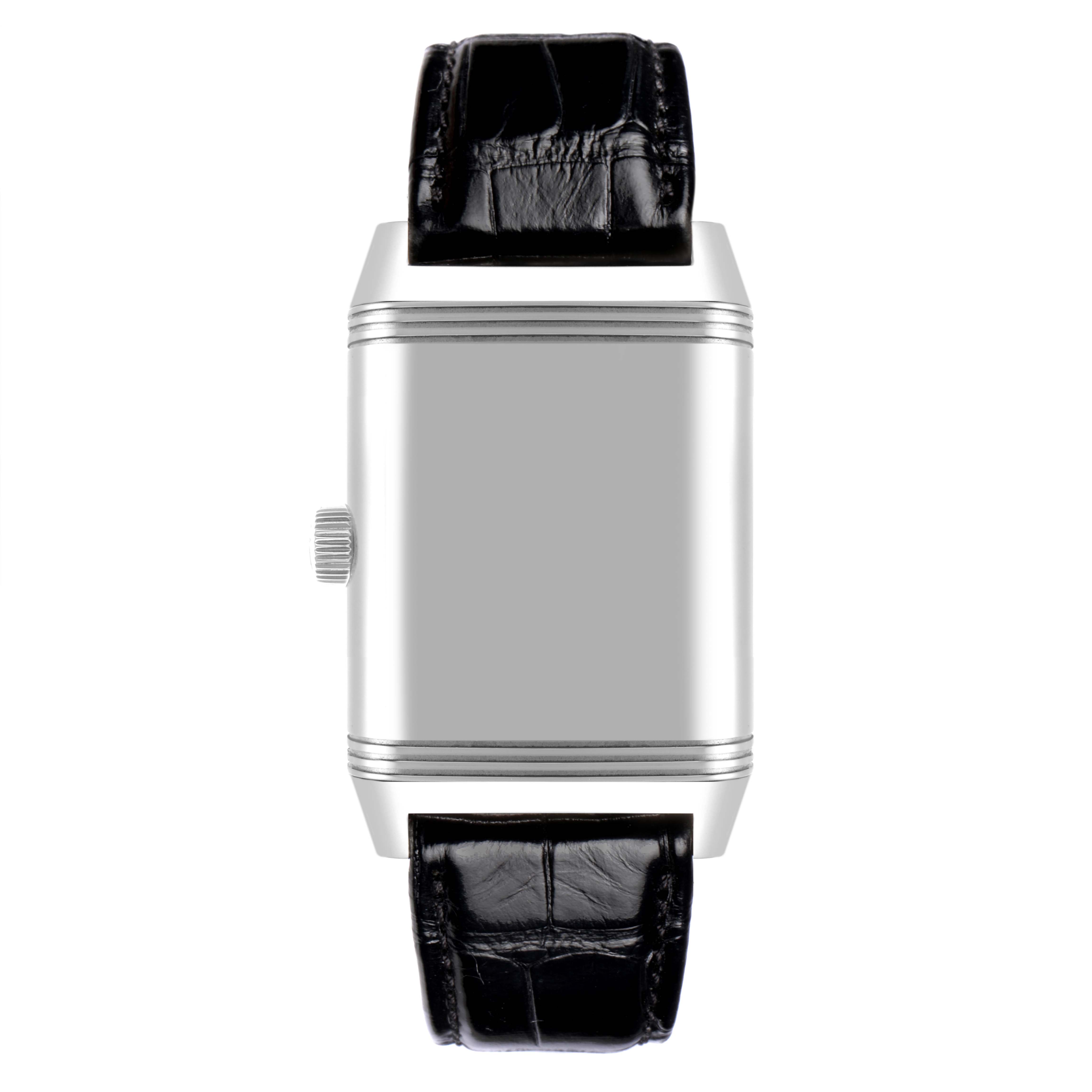The image shows the side view of a Jaeger-LeCoultre Reverso watch focusing on its case, knob, and leather strap.
