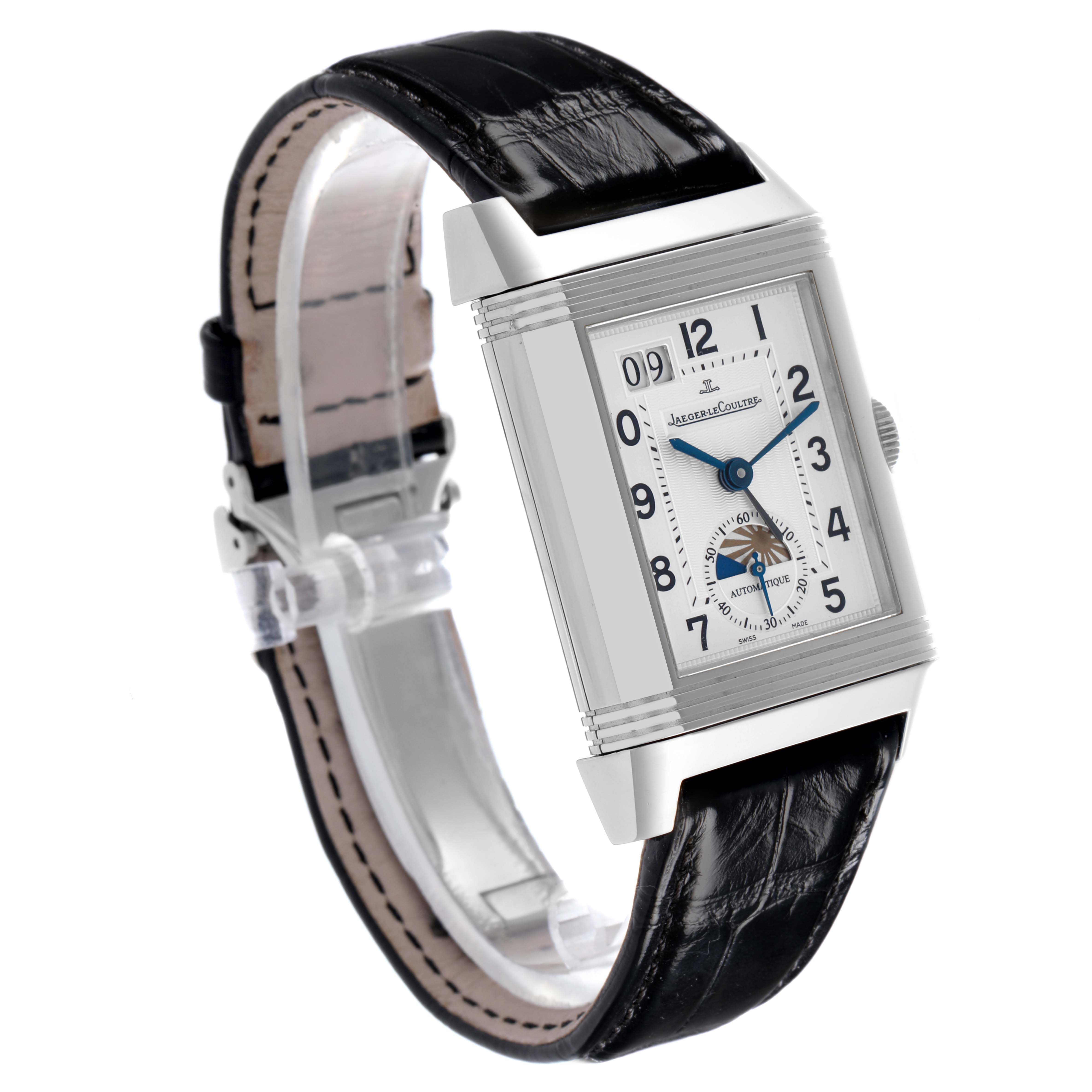 The Jaeger-LeCoultre Reverso model is shown at a slight angle, featuring its rectangular face, silver case, and black leather strap.