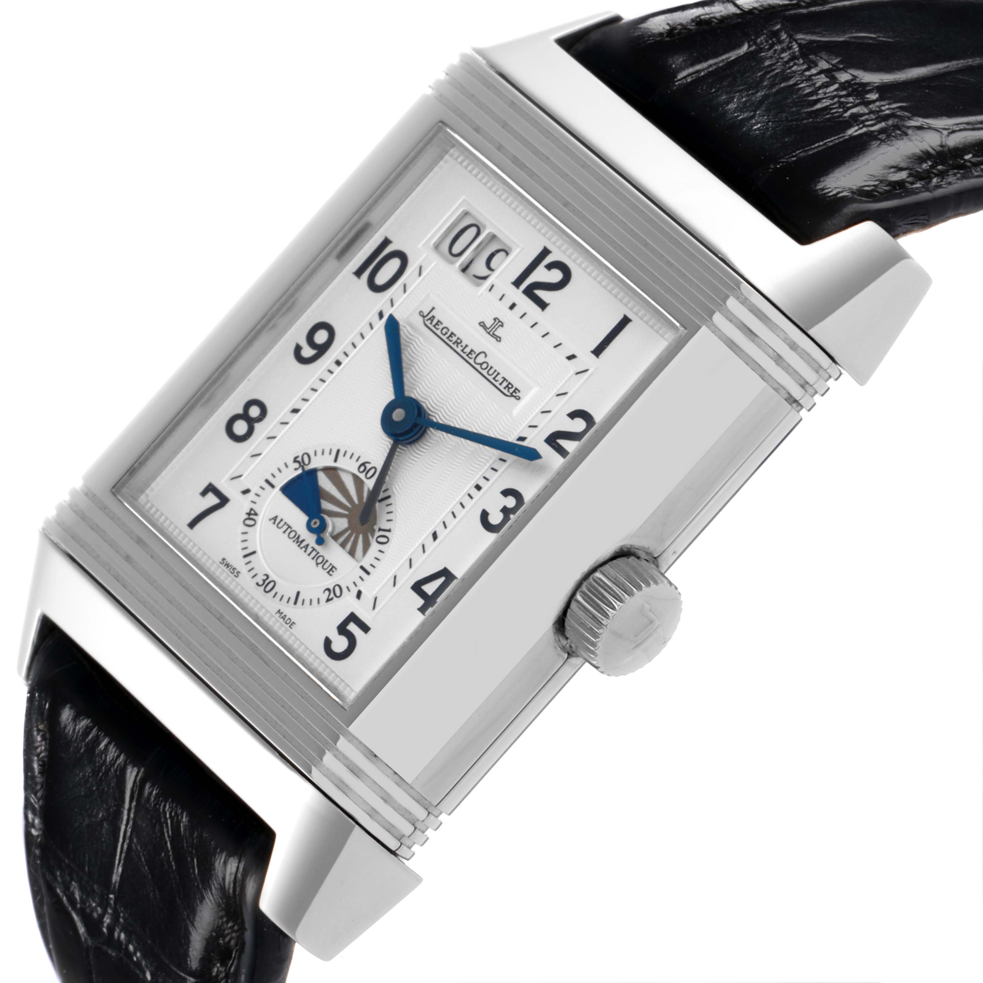 The Jaeger-LeCoultre Reverso watch is shown at an angled side view, highlighting the dial, crown, and strap.