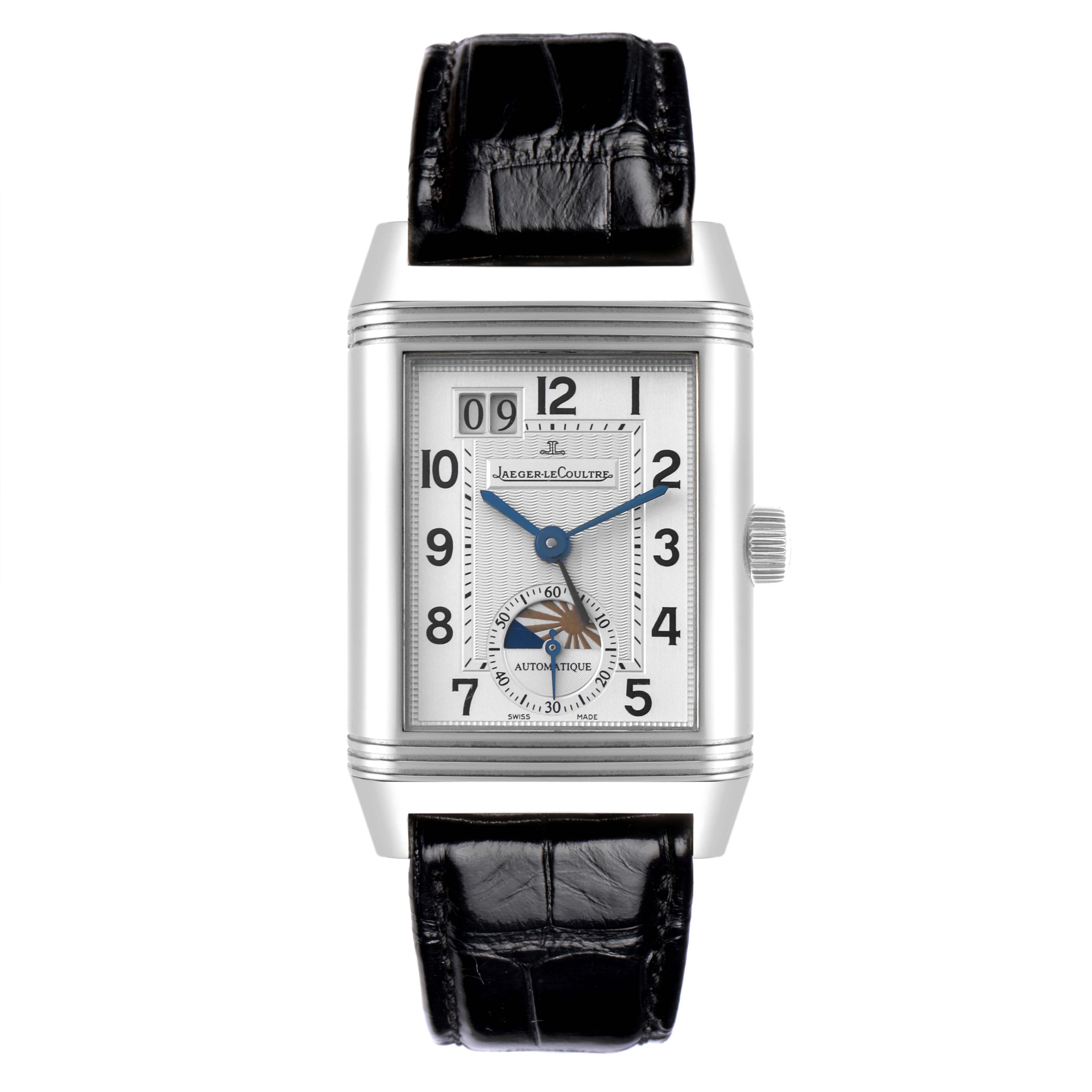 The Jaeger LeCoultre Reverso Q3038420 Men's Stainless Steel Silver Dial Q3038420 Men's Stainless Steel Silver Dial model is shown from the front, highlighting its face, numerals, hands, and strap.