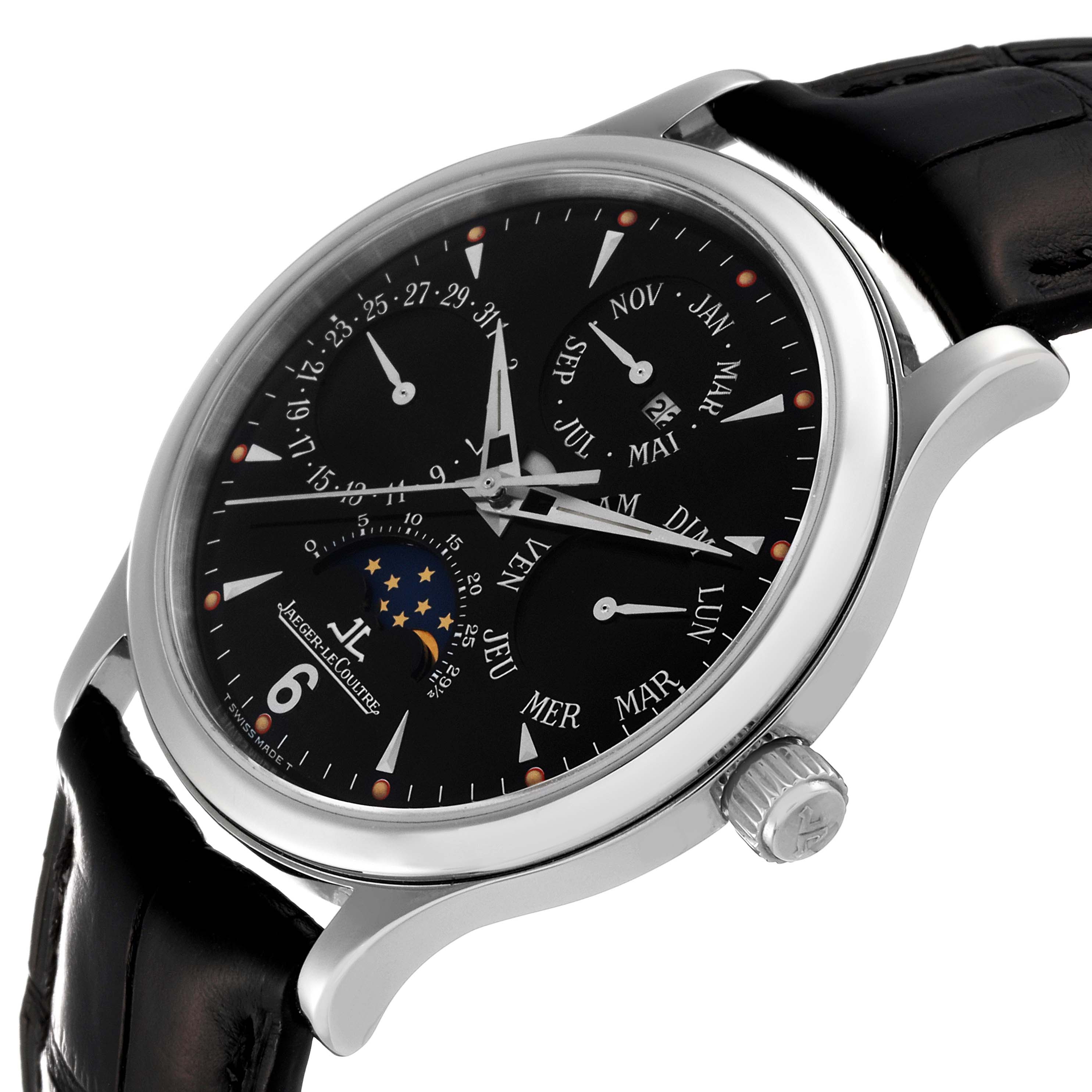 The Jaeger-LeCoultre Master model watch is shown at a slight angle, displaying its black dial, subdials, moon phase, and black leather strap.