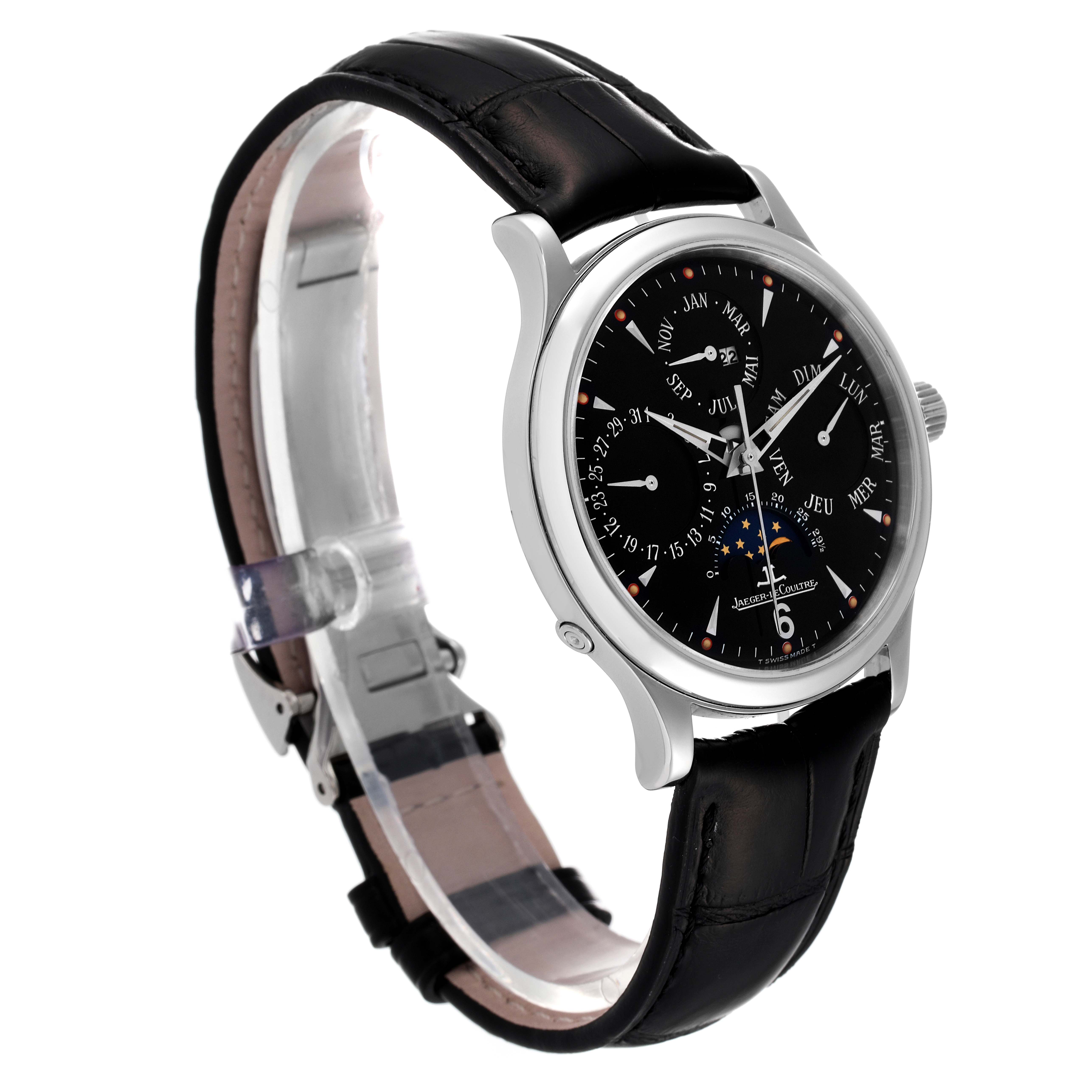 The image shows a Jaeger LeCoultre Master 140.8.80.S Men's Stainless Steel Black Dial 140.8.80.S Men's Stainless Steel Black Dial model watch angled from the front left, highlighting its dial, hands, case, and strap.