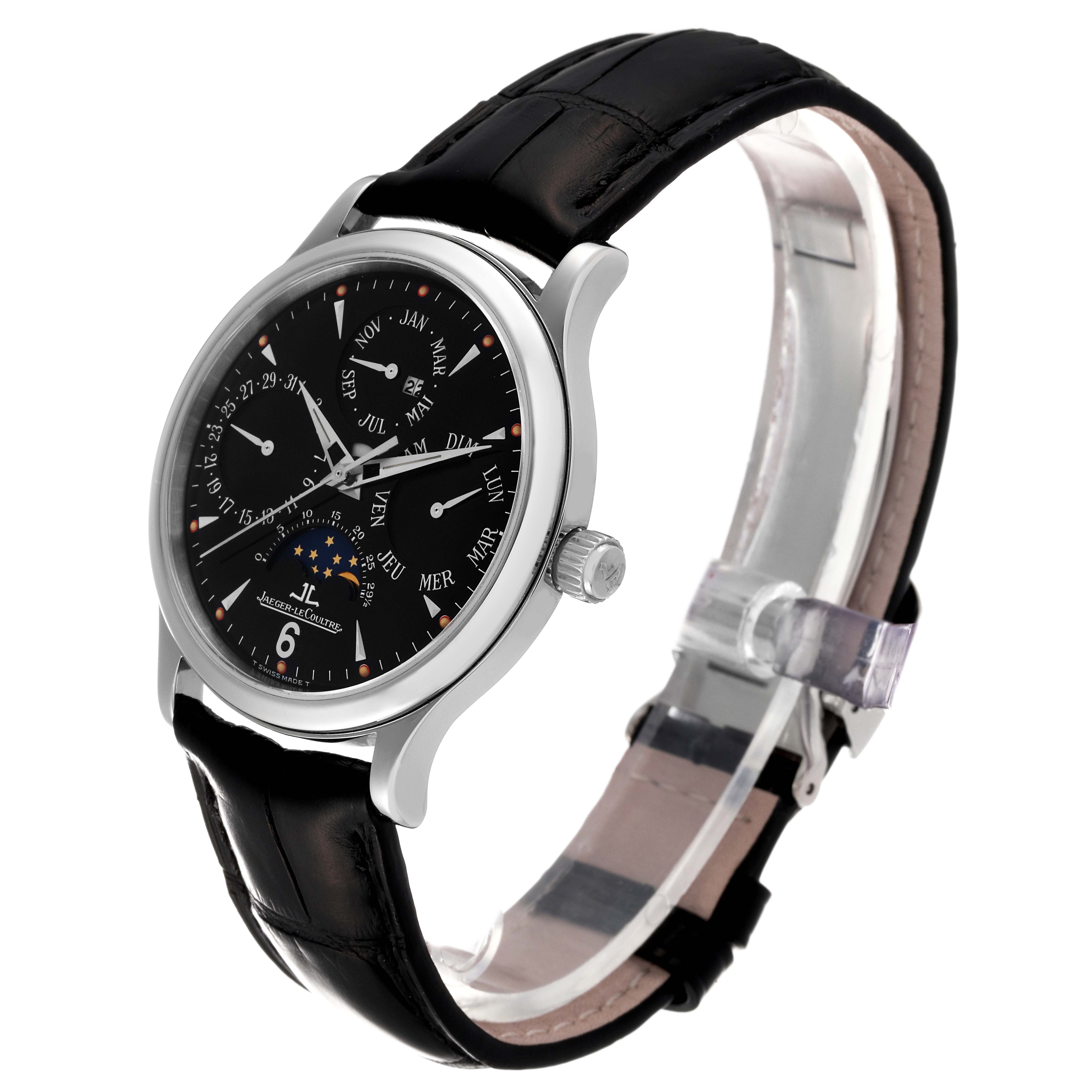 The image shows a Jaeger-LeCoultre Master model watch from a side angle, highlighting its black dial, case, and leather strap.