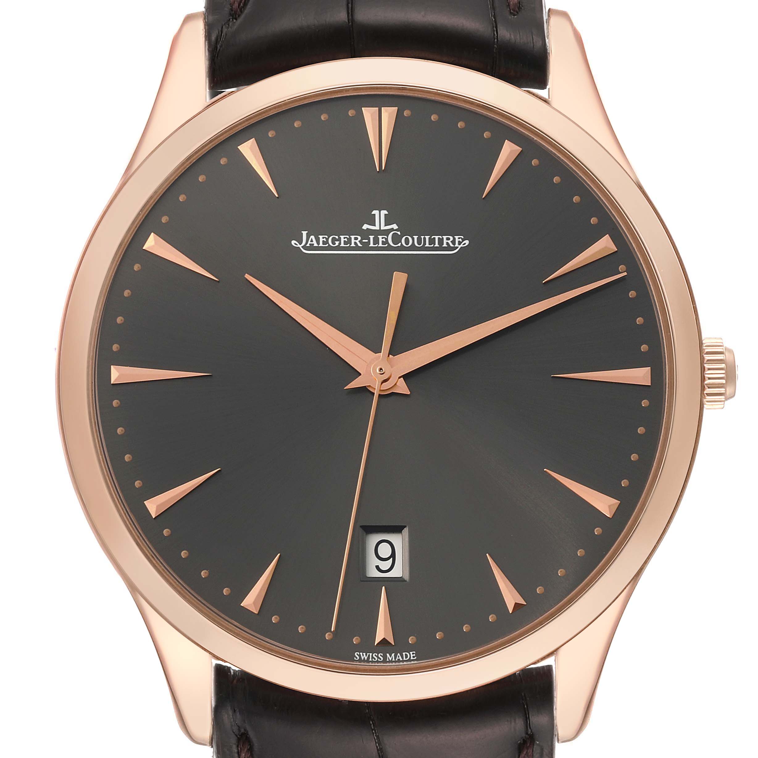 This Jaeger-LeCoultre Master model watch is shown from the front, highlighting the dial, markers, hands, and date window.