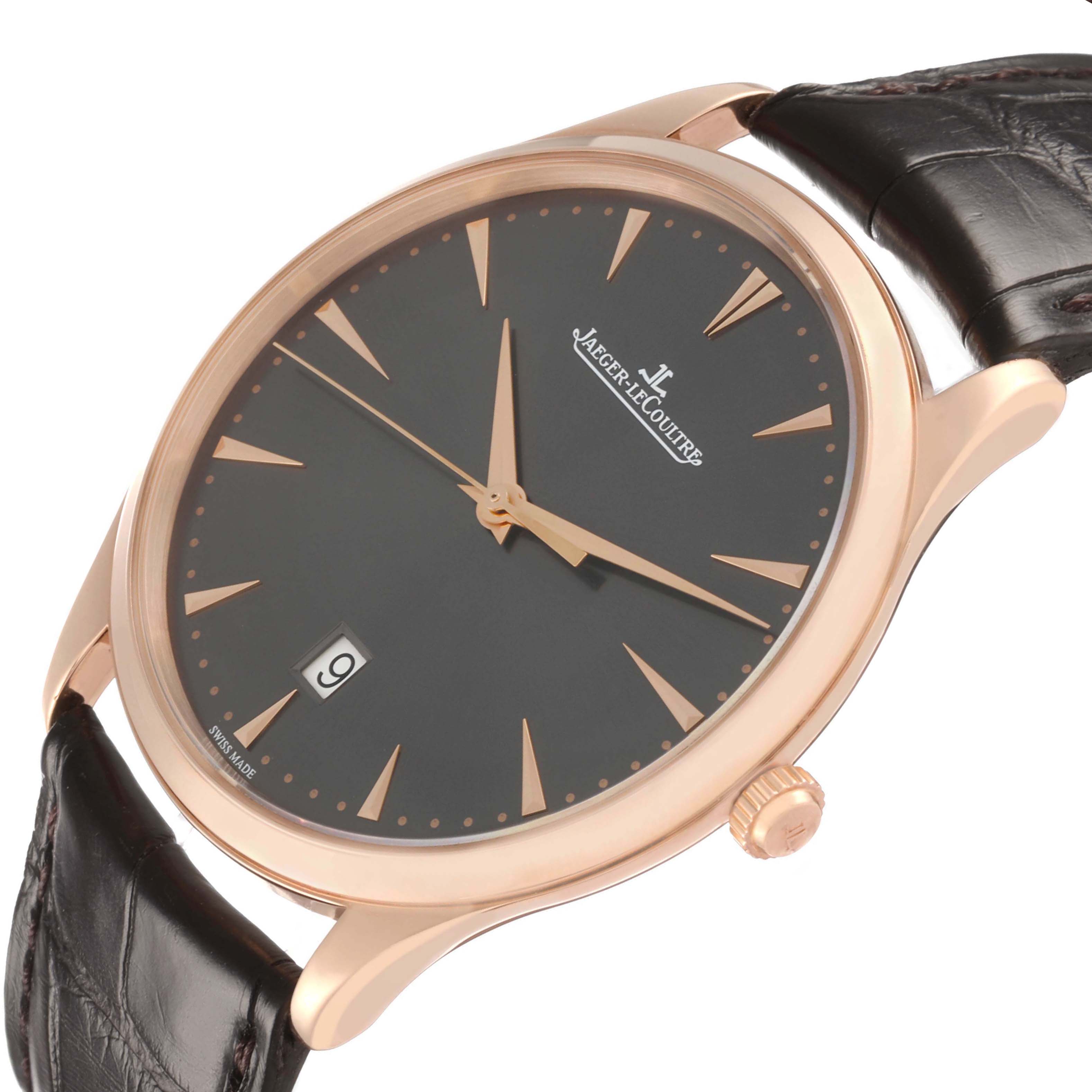 The Jaeger LeCoultre Master 174.2.37.S Men's Rose Gold Grey Dial watch is shown from a side angle, highlighting the face, crown, and leather strap.