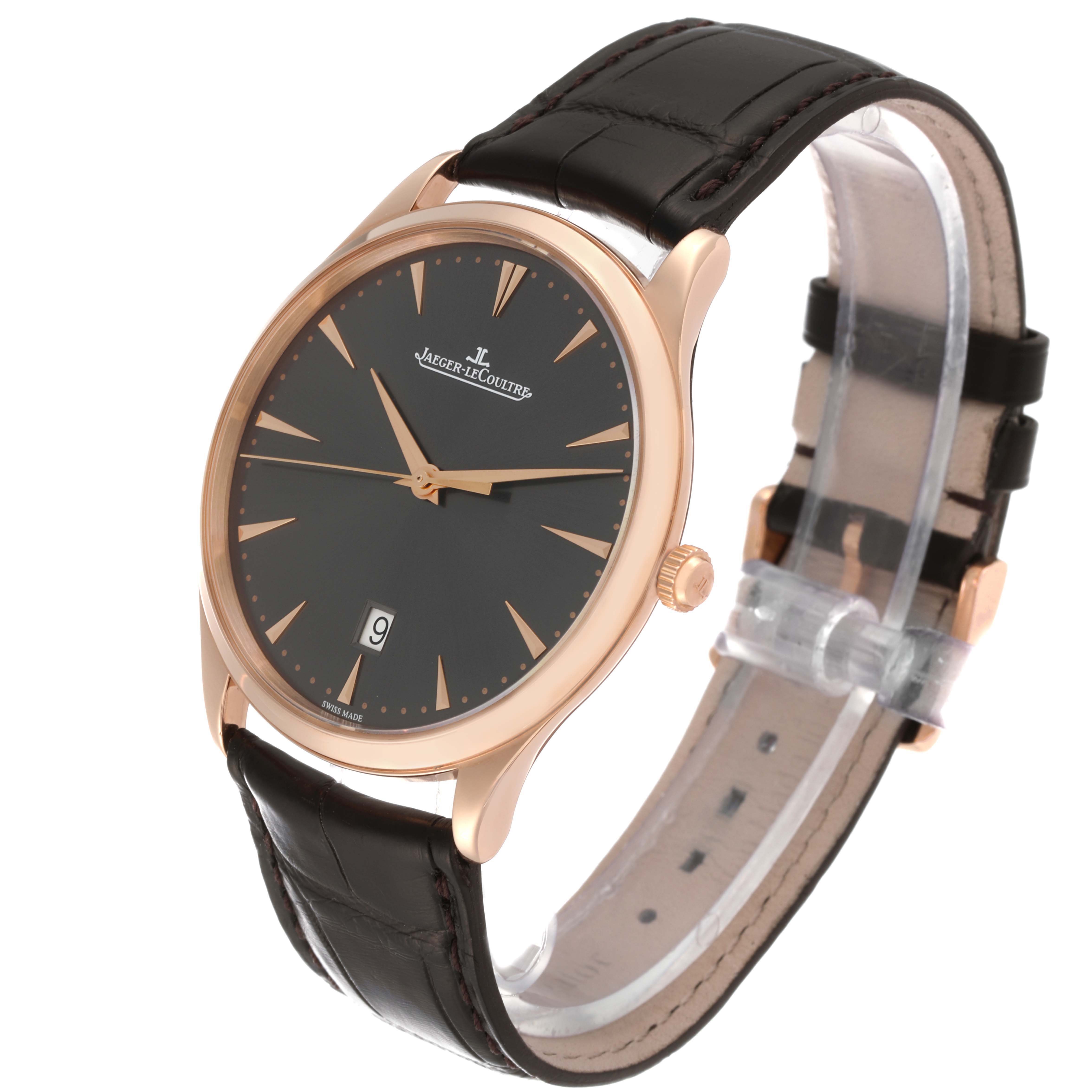 The Jaeger LeCoultre Master 174.2.37.S Men's Rose Gold Grey Dial 174.2.37.S Men's Rose Gold Grey Dial watch is shown at a three-quarter angle, highlighting the face, crown, and strap.