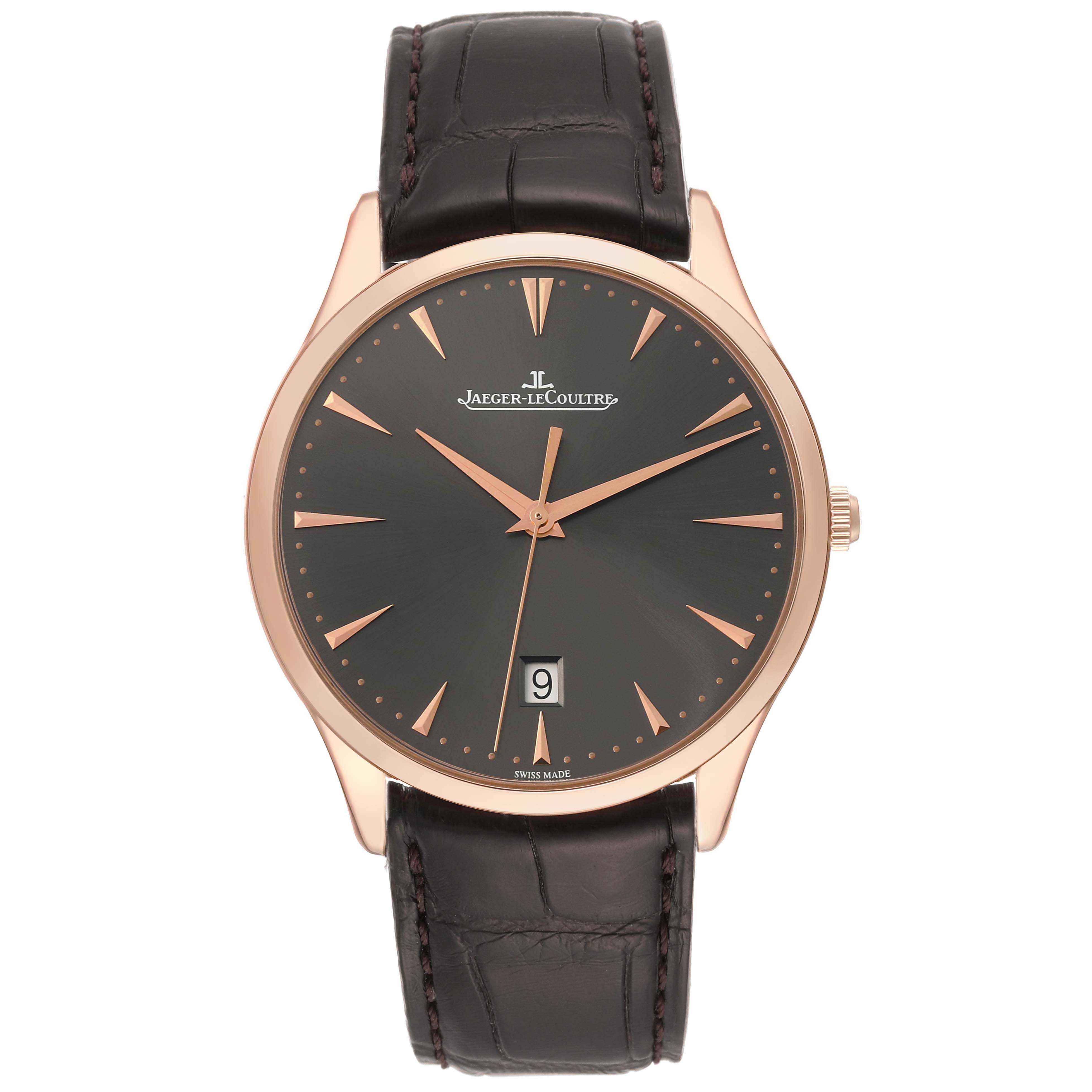 The image shows a front view of the Jaeger-LeCoultre Master model watch, highlighting its dial, hands, date window, case, and leather strap.