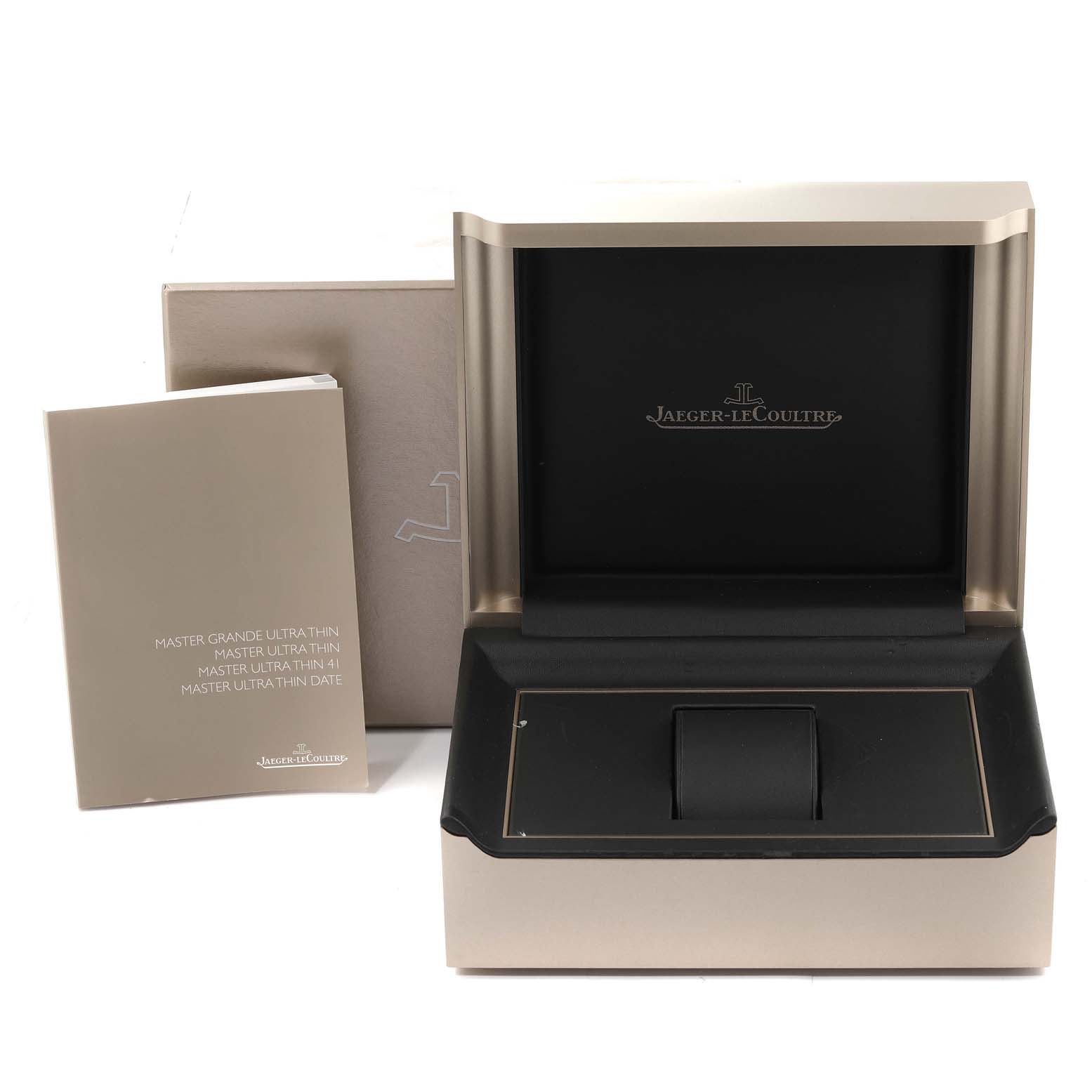 This image shows the packaging and manual of the Jaeger-LeCoultre Master watch model, including an open box and booklet.