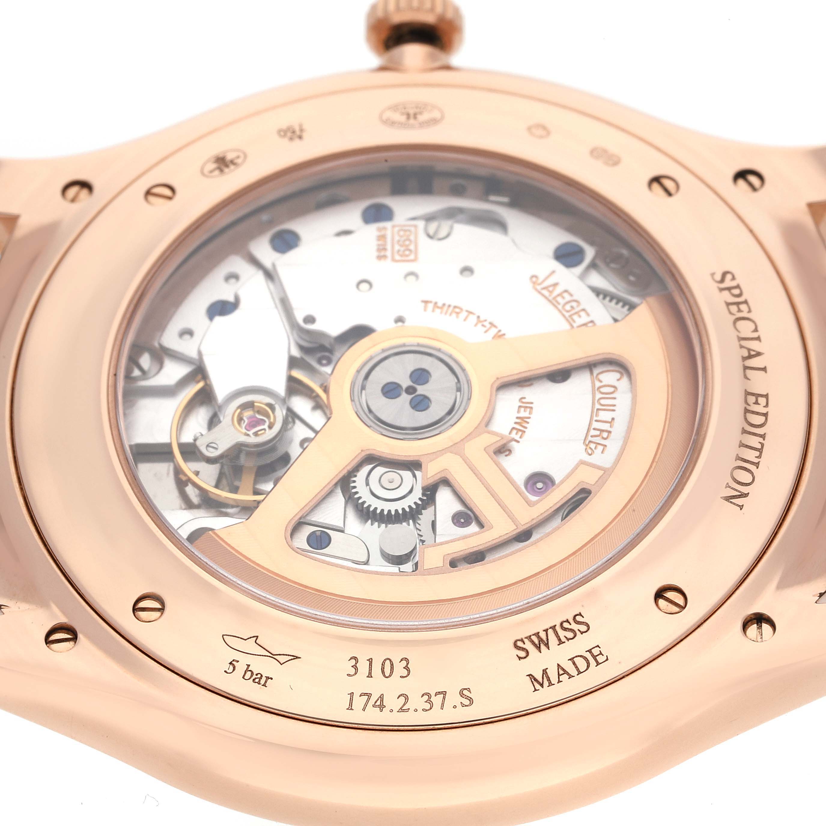 This image shows the back view of the Jaeger LeCoultre Master 174.2.37.S Men's Rose Gold Grey Dial 174.2.37.S Men's Rose Gold Grey Dial model watch, highlighting its intricate internal mechanisms.
