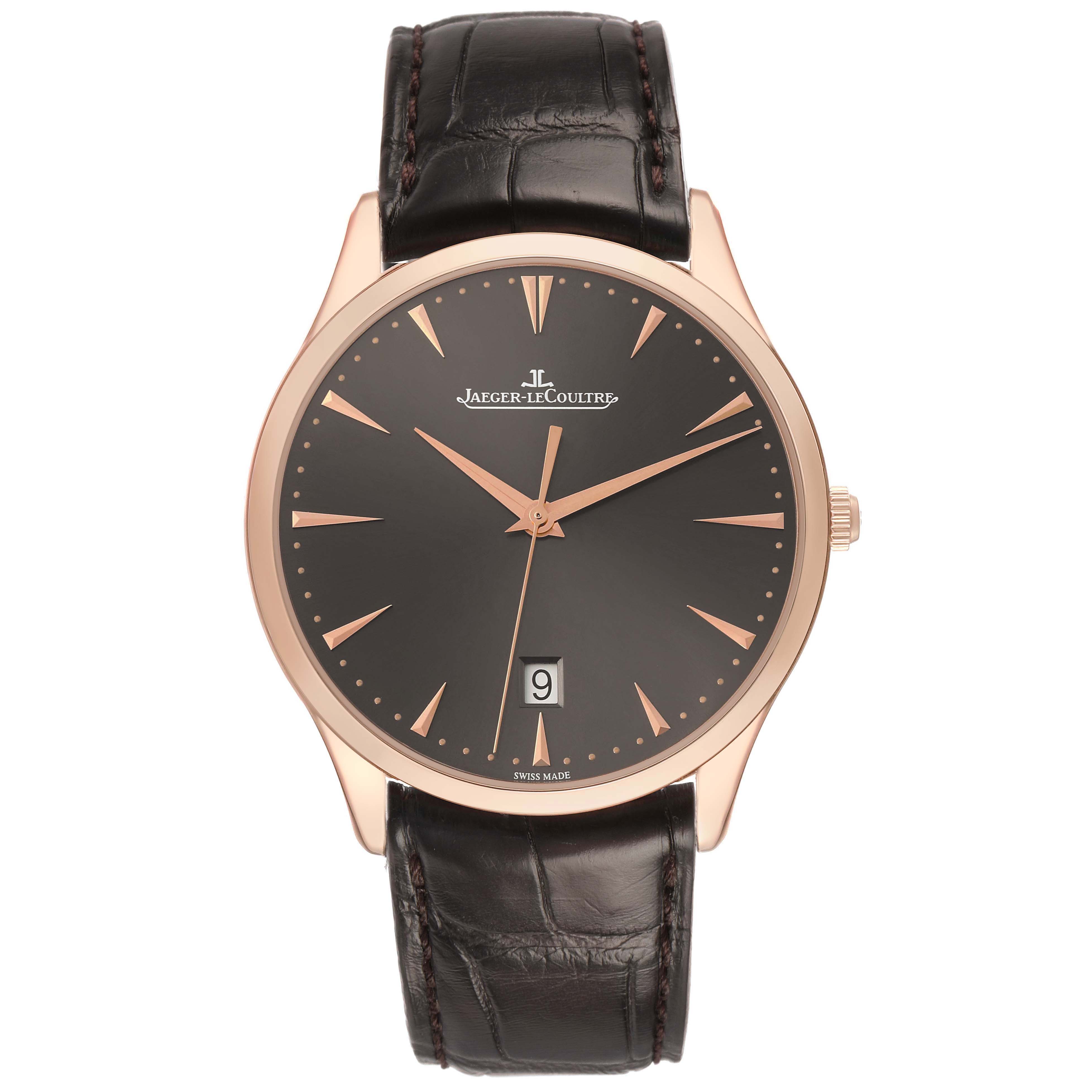 The Jaeger-LeCoultre Master model watch is shown from the front, displaying the dial, hands, and a date window.