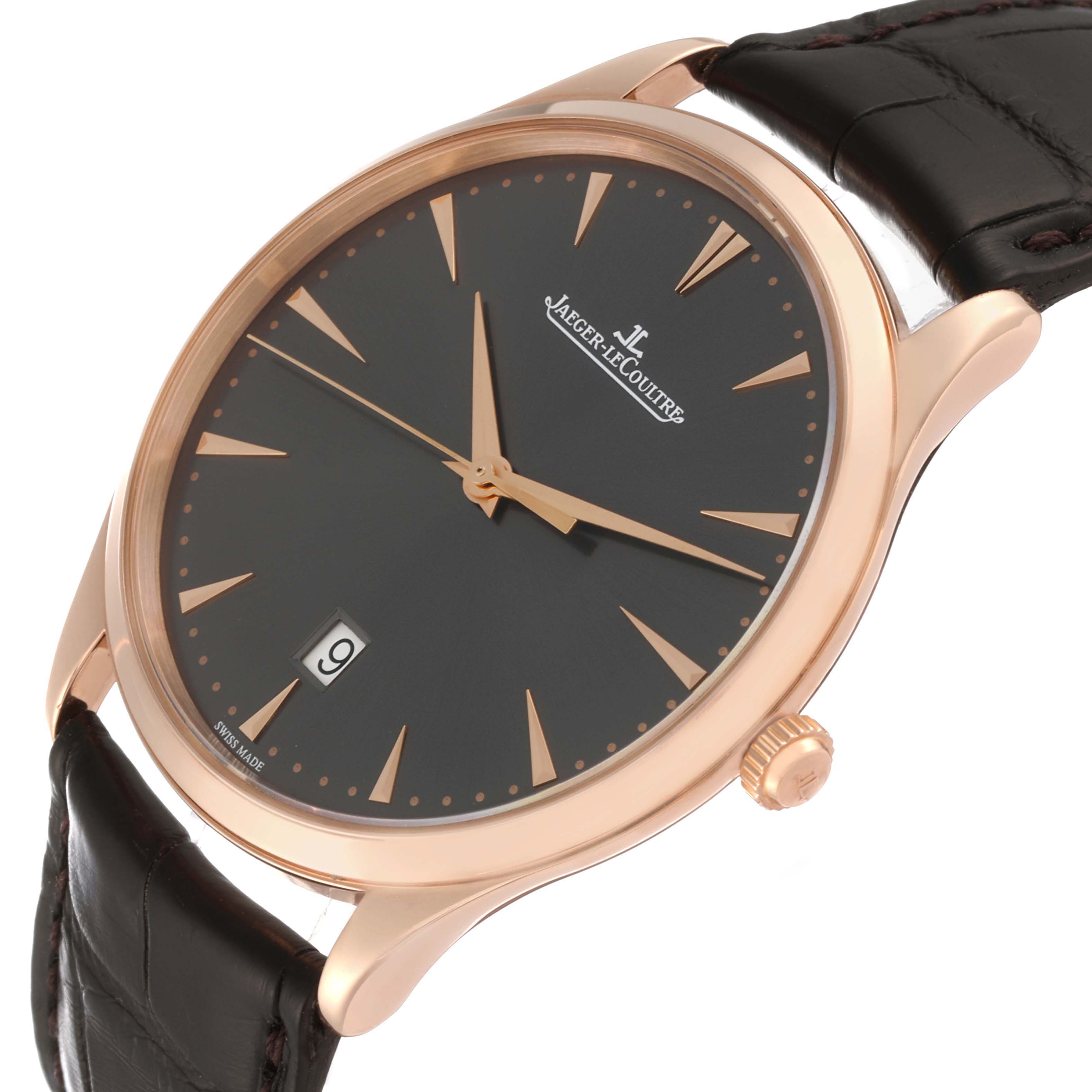 The image shows a Jaeger LeCoultre Master 174.2.37.S Men's Rose Gold Grey Dial 174.2.37.S Men's Rose Gold Grey Dial model watch from a slightly angled top view, displaying the face, crown, and part of the strap.