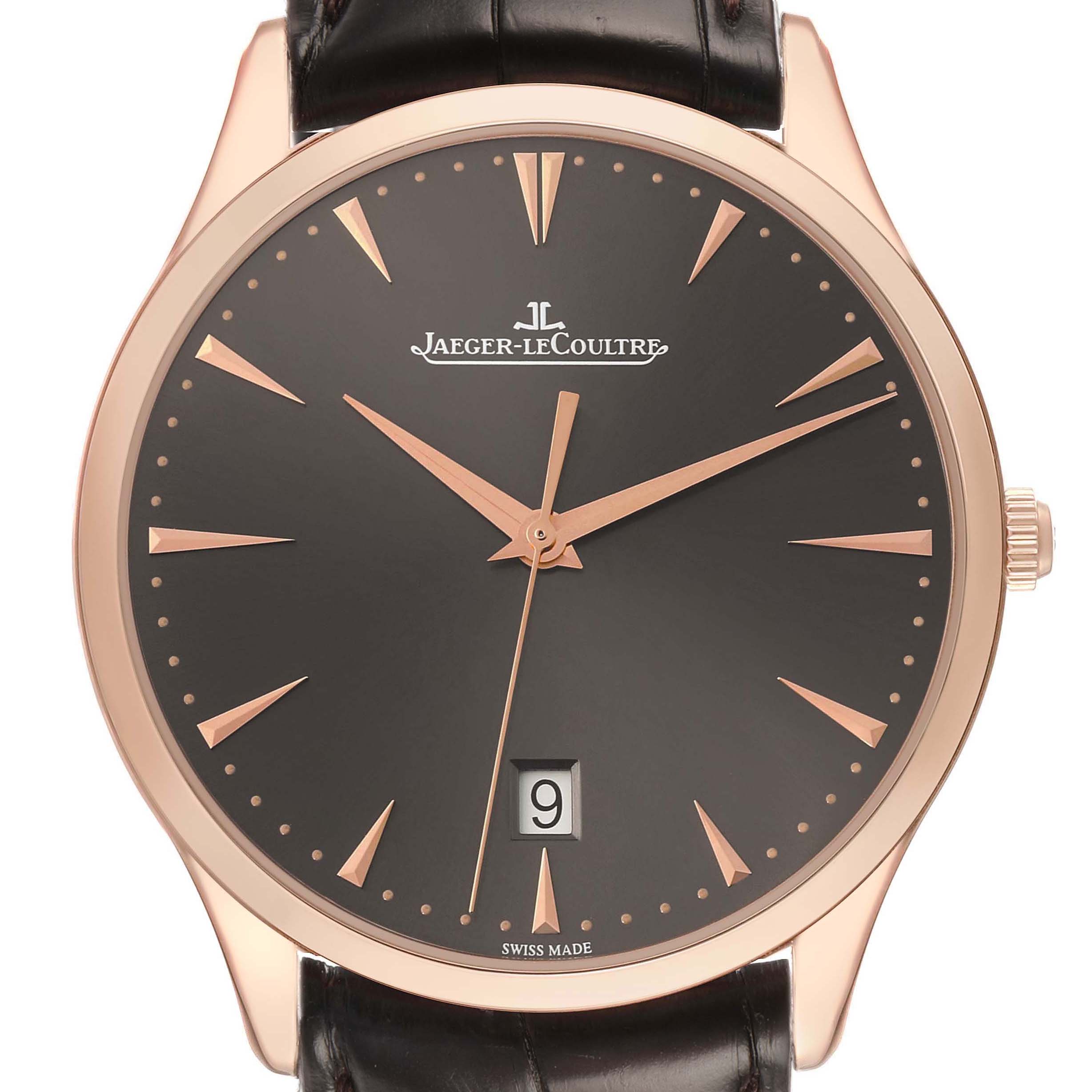 The Jaeger LeCoultre Master 174.2.37.S Men's Rose Gold Grey Dial watch is shown from the front, highlighting the dial, hands, date window, case, and leather strap.