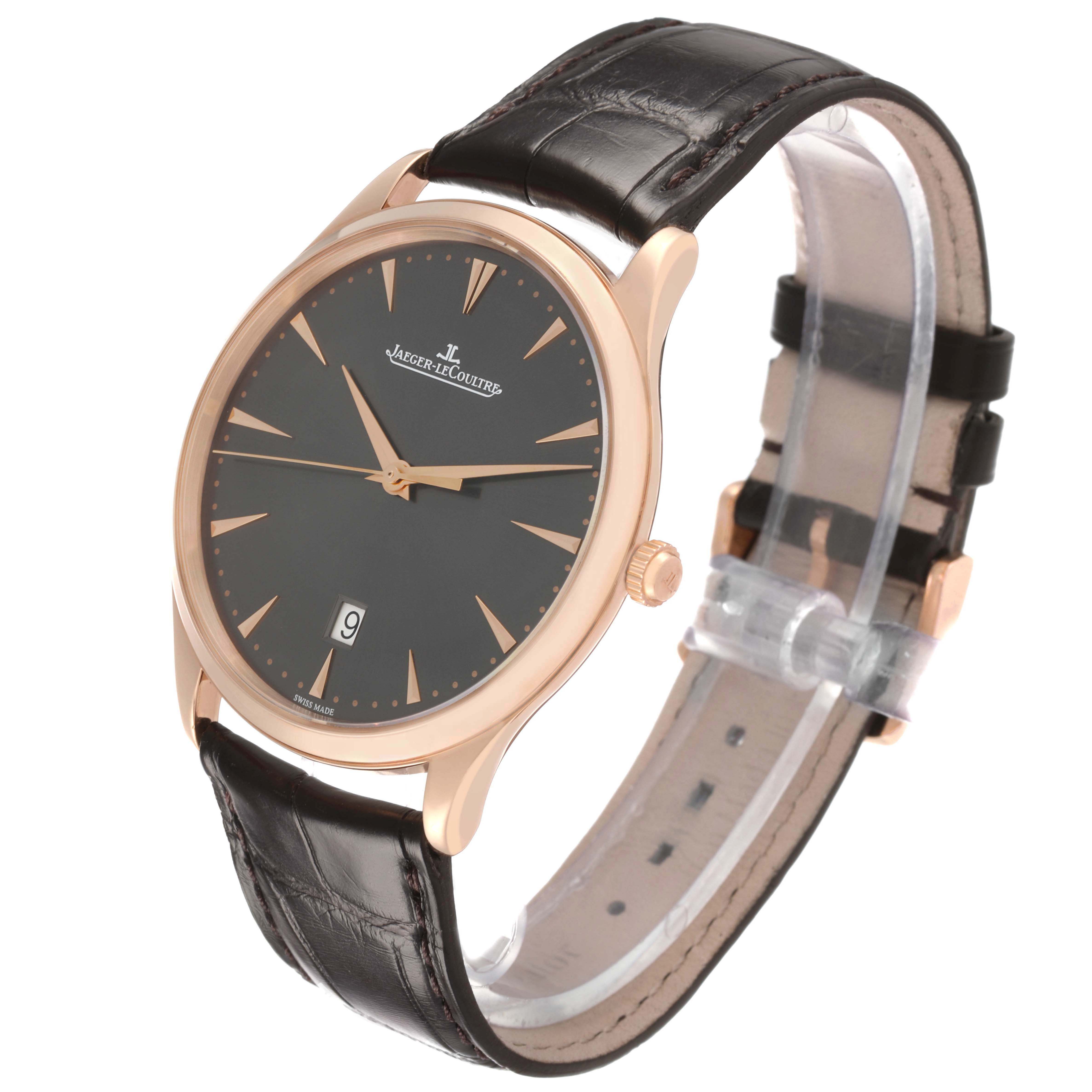 The Jaeger LeCoultre Master 174.2.37.S Men's Rose Gold Grey Dial model is shown at a three-quarter angle, highlighting the face, case, and leather strap.