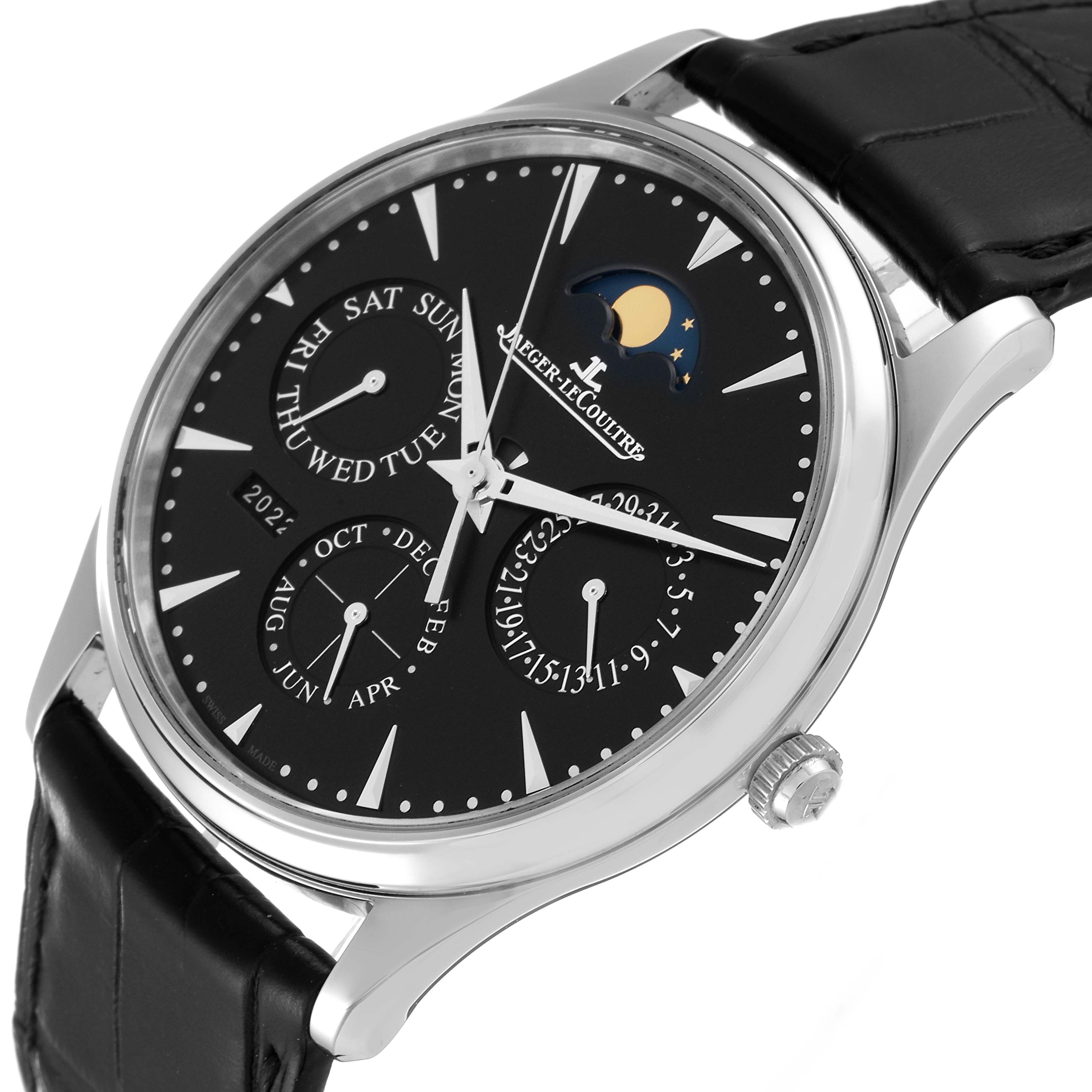 The image shows the dial and partially the case and strap of the Jaeger-LeCoultre Master watch at an angled top view.