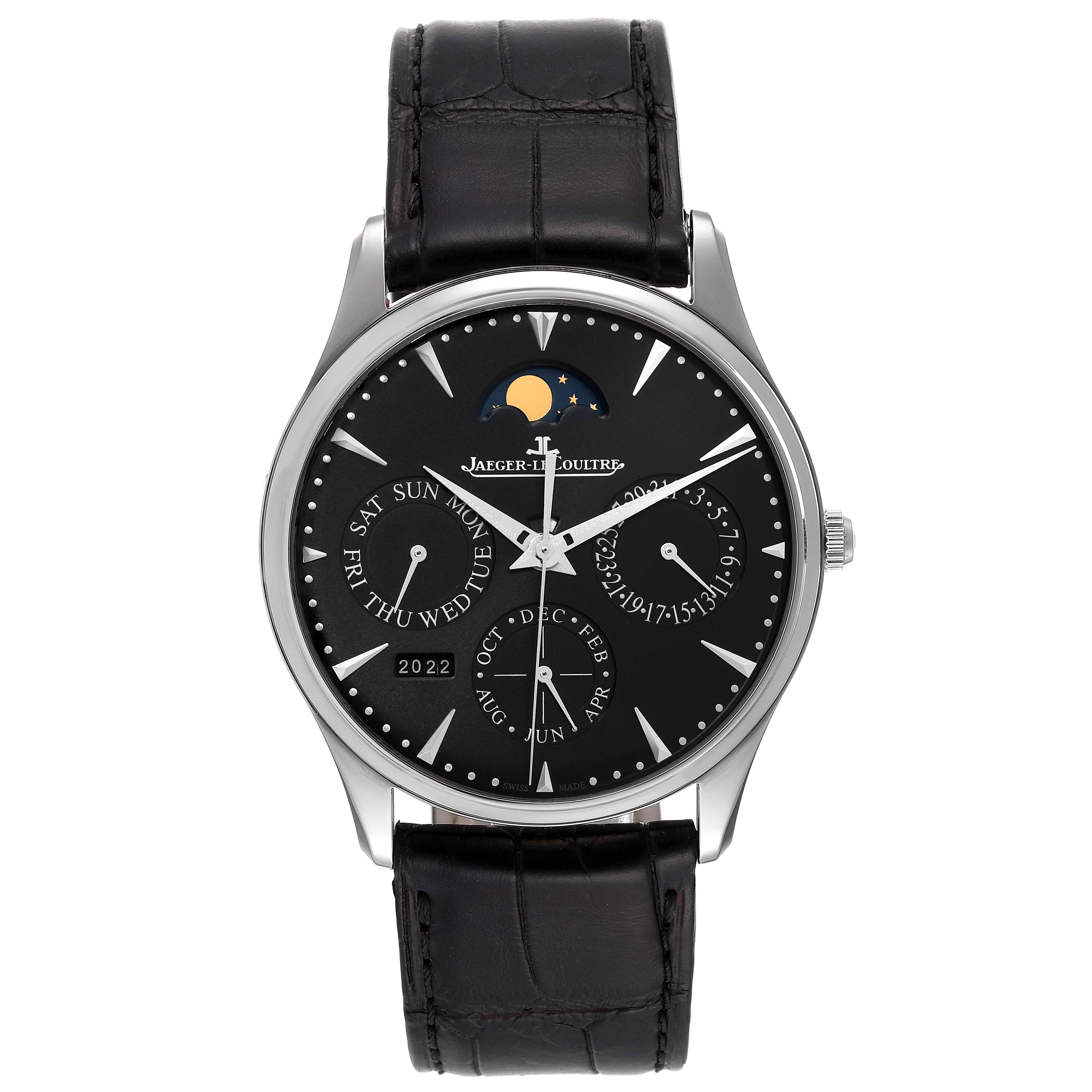This is a front view of a Jaeger-LeCoultre Master model watch, showcasing its black dial, moon phase, date indicators, and black leather strap.