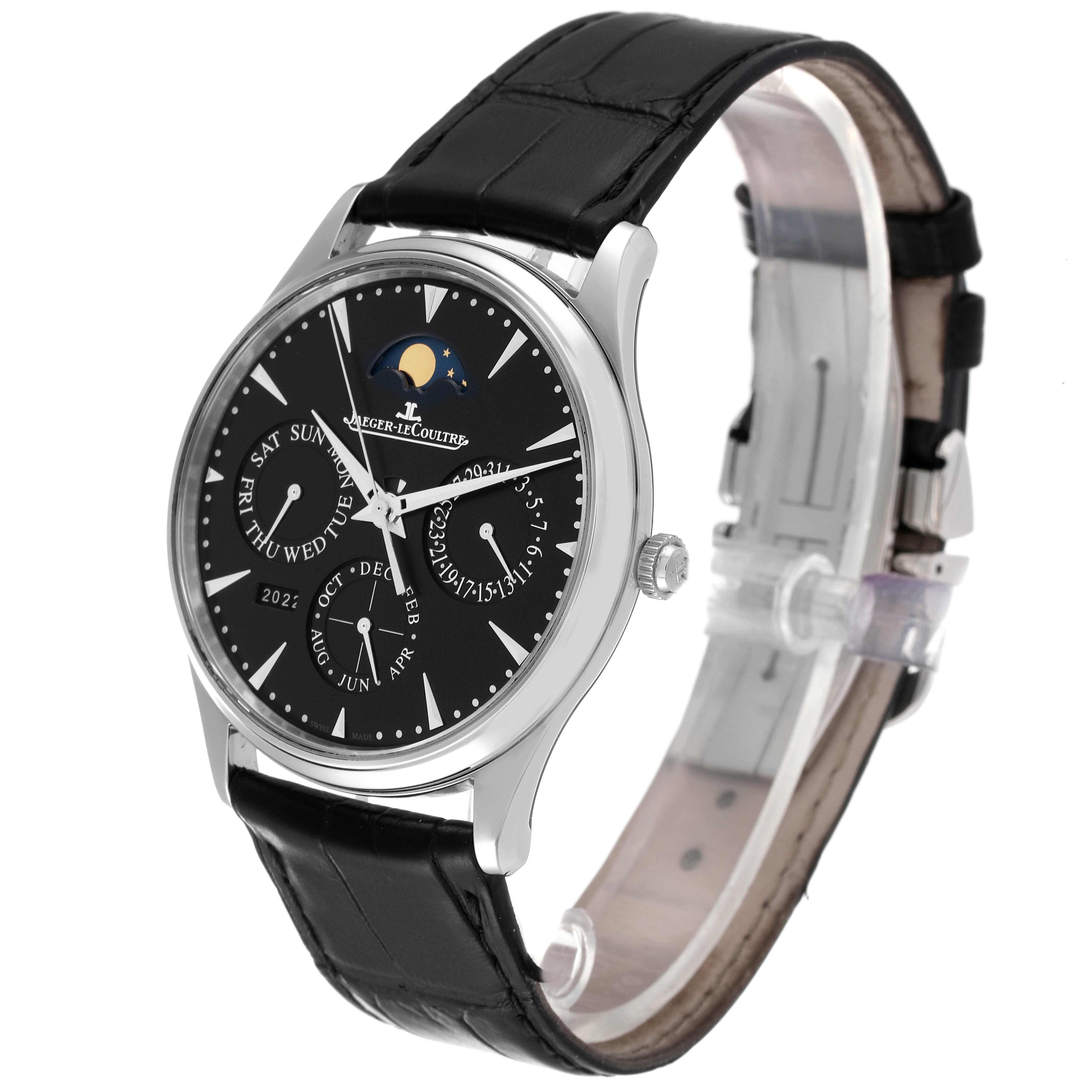 The image shows a Jaeger-LeCoultre Master model watch at an angled side view, highlighting its face, crown, and black leather strap.