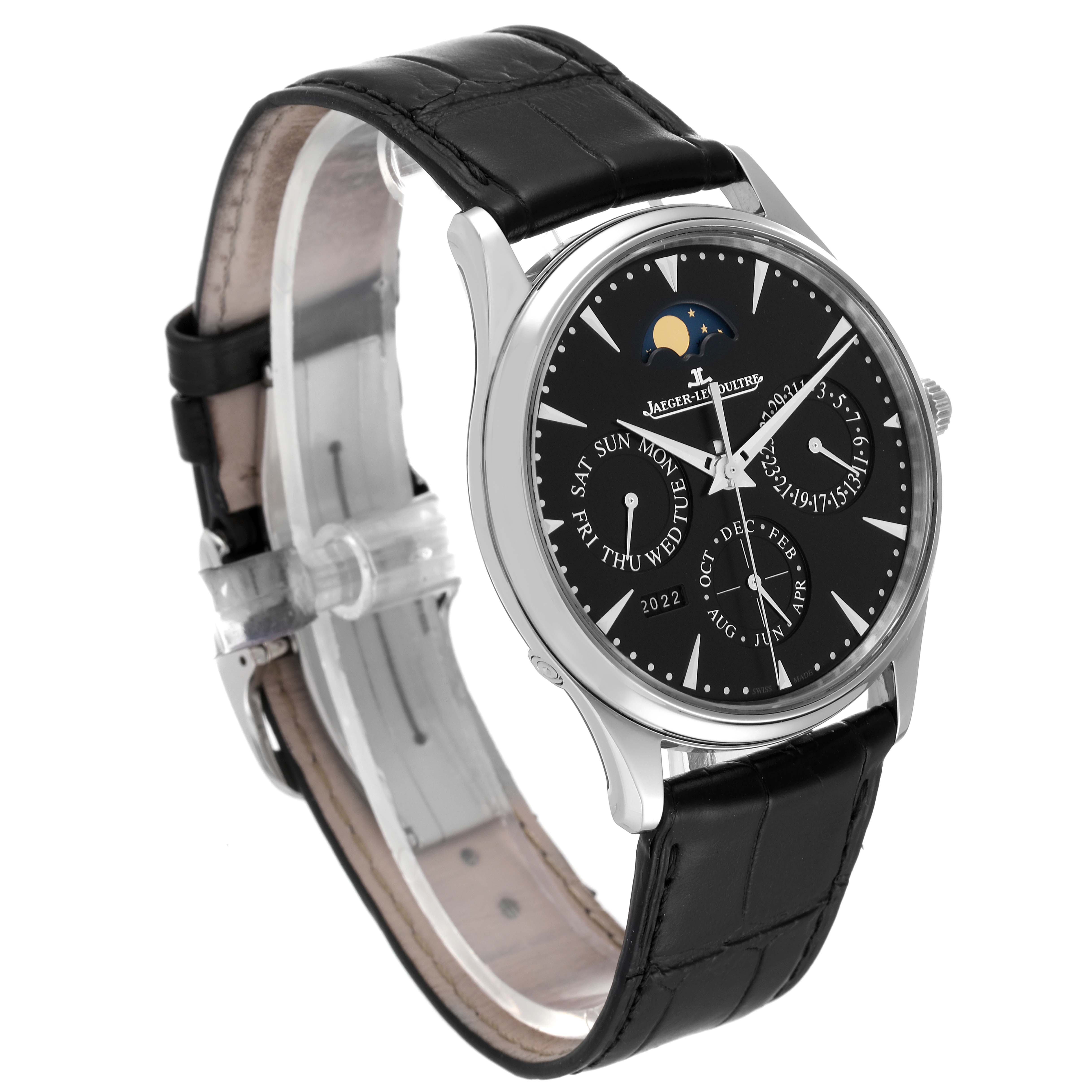 The Jaeger LeCoultre Master 176.8.21.S Men's Stainless Steel Black Dial 176.8.21.S Men's Stainless Steel Black Dial model watch is shown at a slight left angle, highlighting the face, black strap, and silver case.