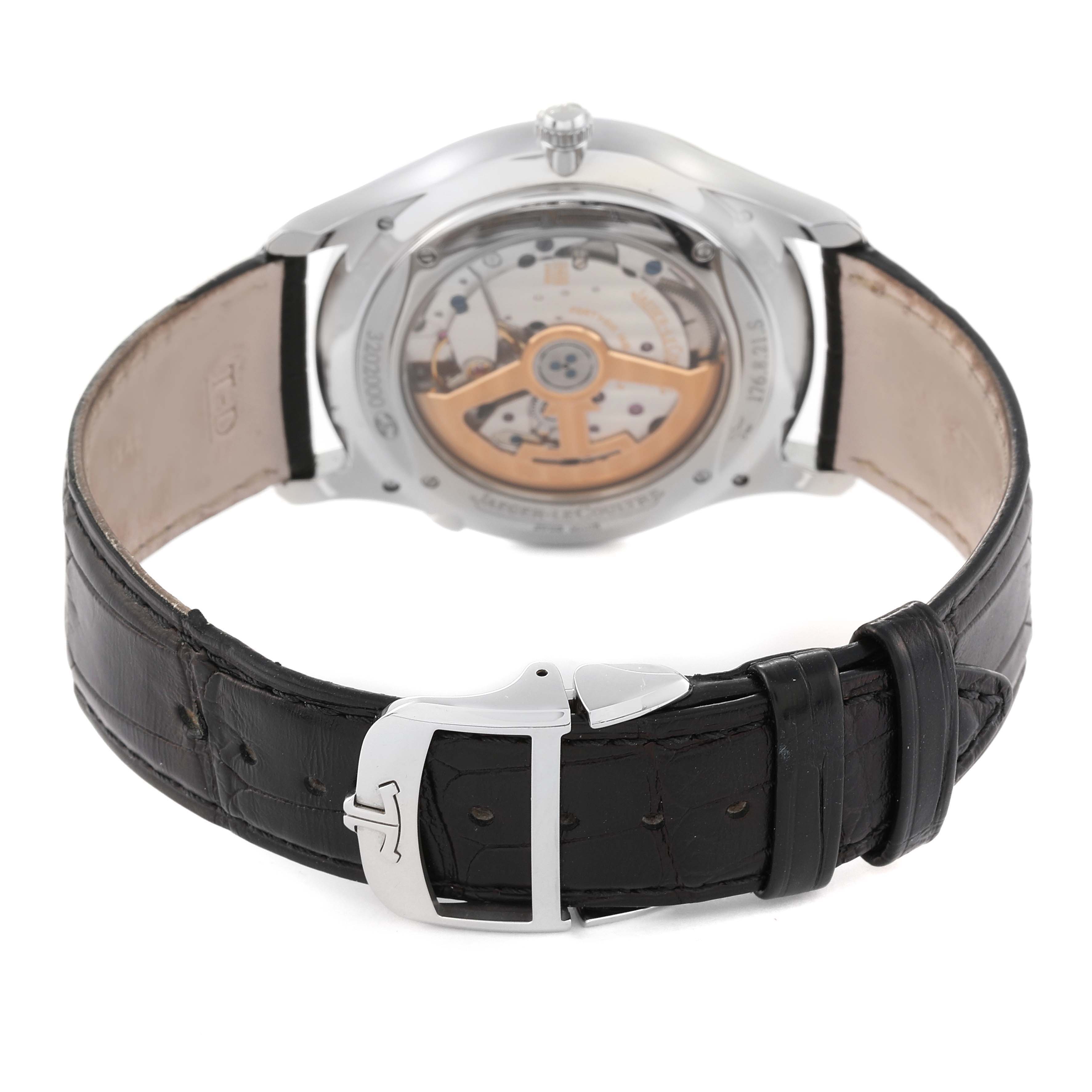 The image shows the back view of the Jaeger LeCoultre Master 176.8.21.S Men's Stainless Steel Black Dial 176.8.21.S Men's Stainless Steel Black Dial model watch, focusing on the movement and leather strap.