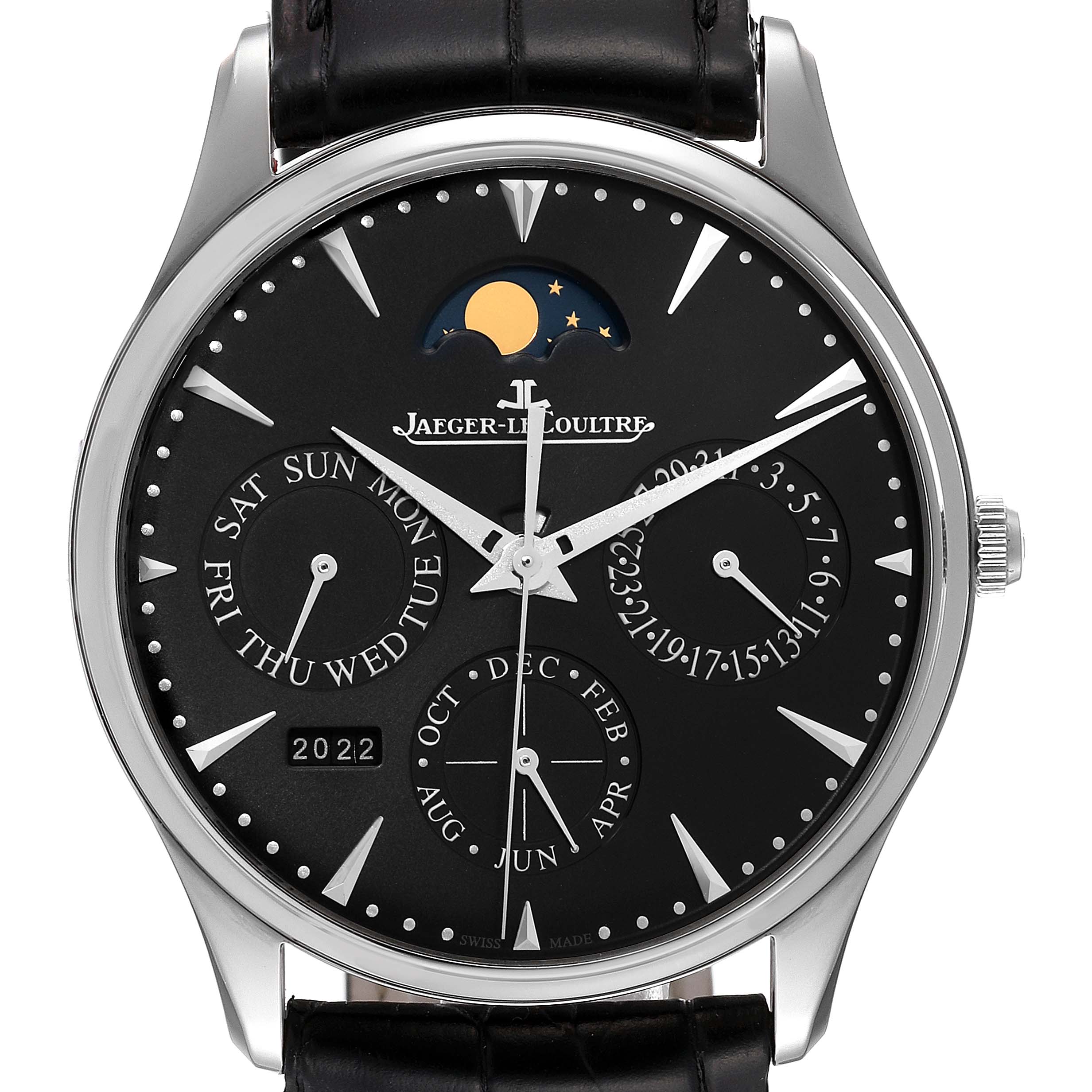 The Jaeger LeCoultre Master 176.8.21.S Men's Stainless Steel Black Dial 176.8.21.S Men's Stainless Steel Black Dial model watch is shown from a front angle displaying its black dial, moon phase, date, and calendar subdials.