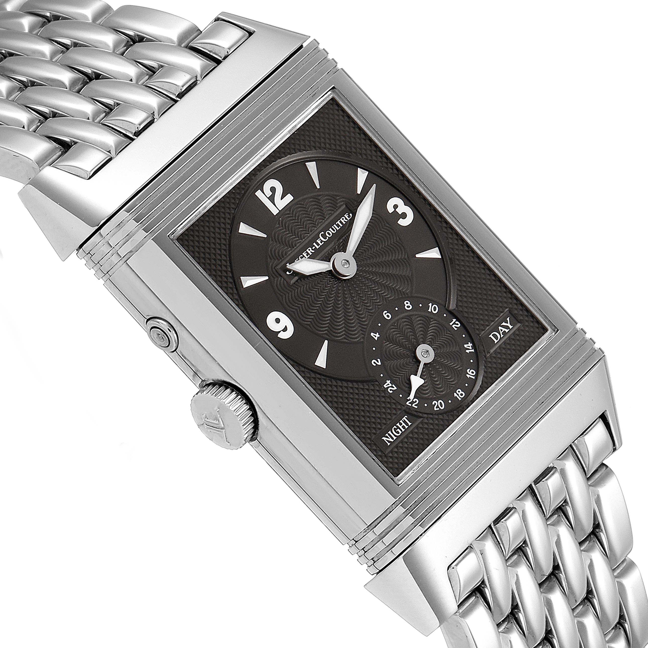 The image shows a Jaeger LeCoultre Reverso Q270854 Men's Stainless Steel Silver Dial Q270854 Men's Stainless Steel Silver Dial watch at an angle, highlighting the dial, crown, and part of the stainless steel bracelet.