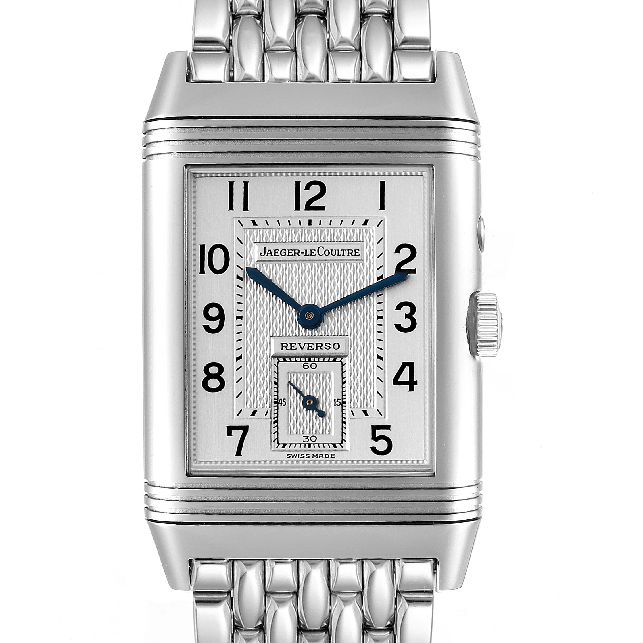 This image shows a front view of the Jaeger-LeCoultre Reverso watch, highlighting its dial and metal bracelet.