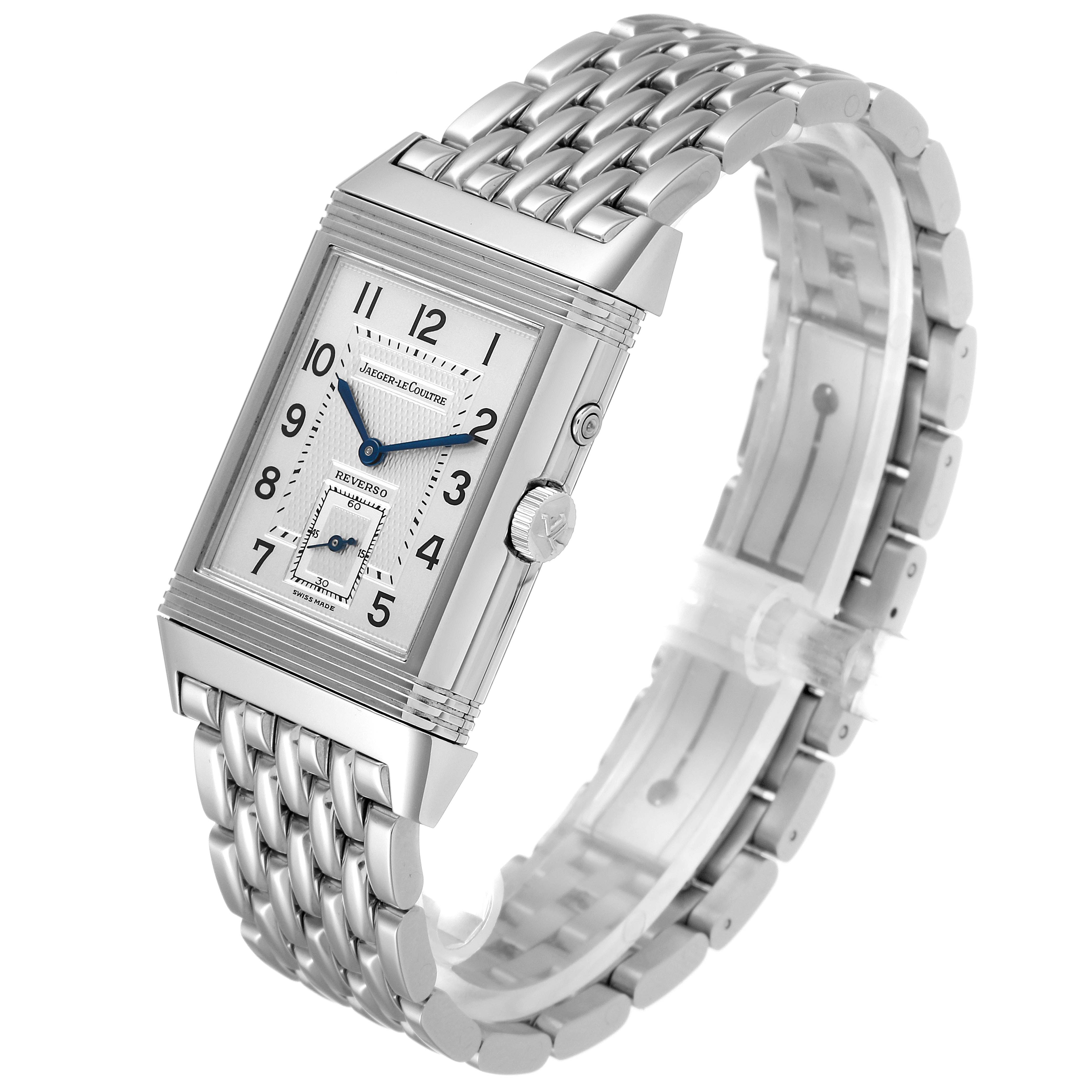This Jaeger LeCoultre Reverso Q270854 Men's Stainless Steel Silver Dial Q270854 Men's Stainless Steel Silver Dial watch is shown at a slight angle displaying its rectangular face, bracelet, and crown.
