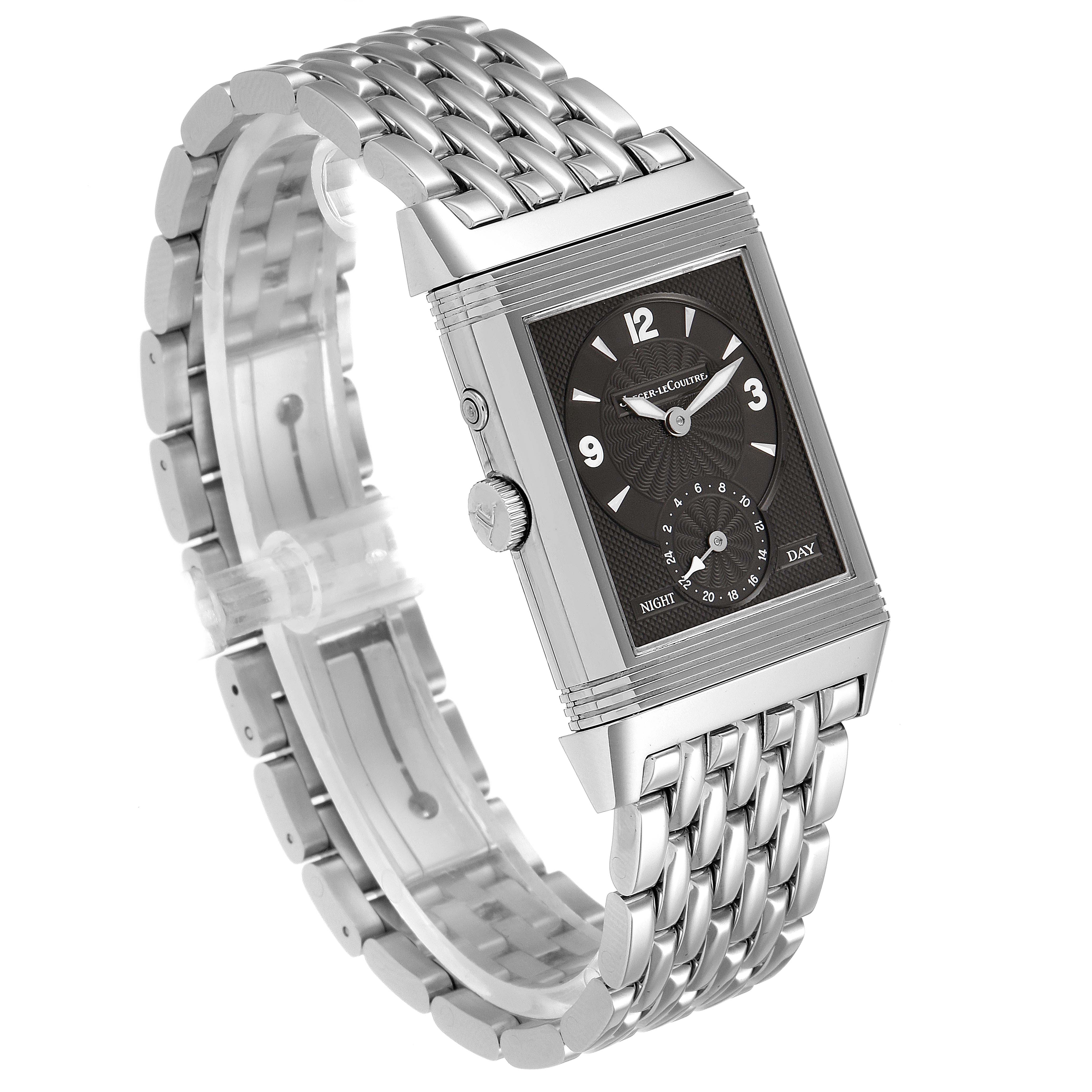 The image shows a Jaeger LeCoultre Reverso Q270854 Men's Stainless Steel Silver Dial Q270854 Men's Stainless Steel Silver Dial watch at a three-quarter angle, highlighting its face, crown, and stainless steel bracelet.