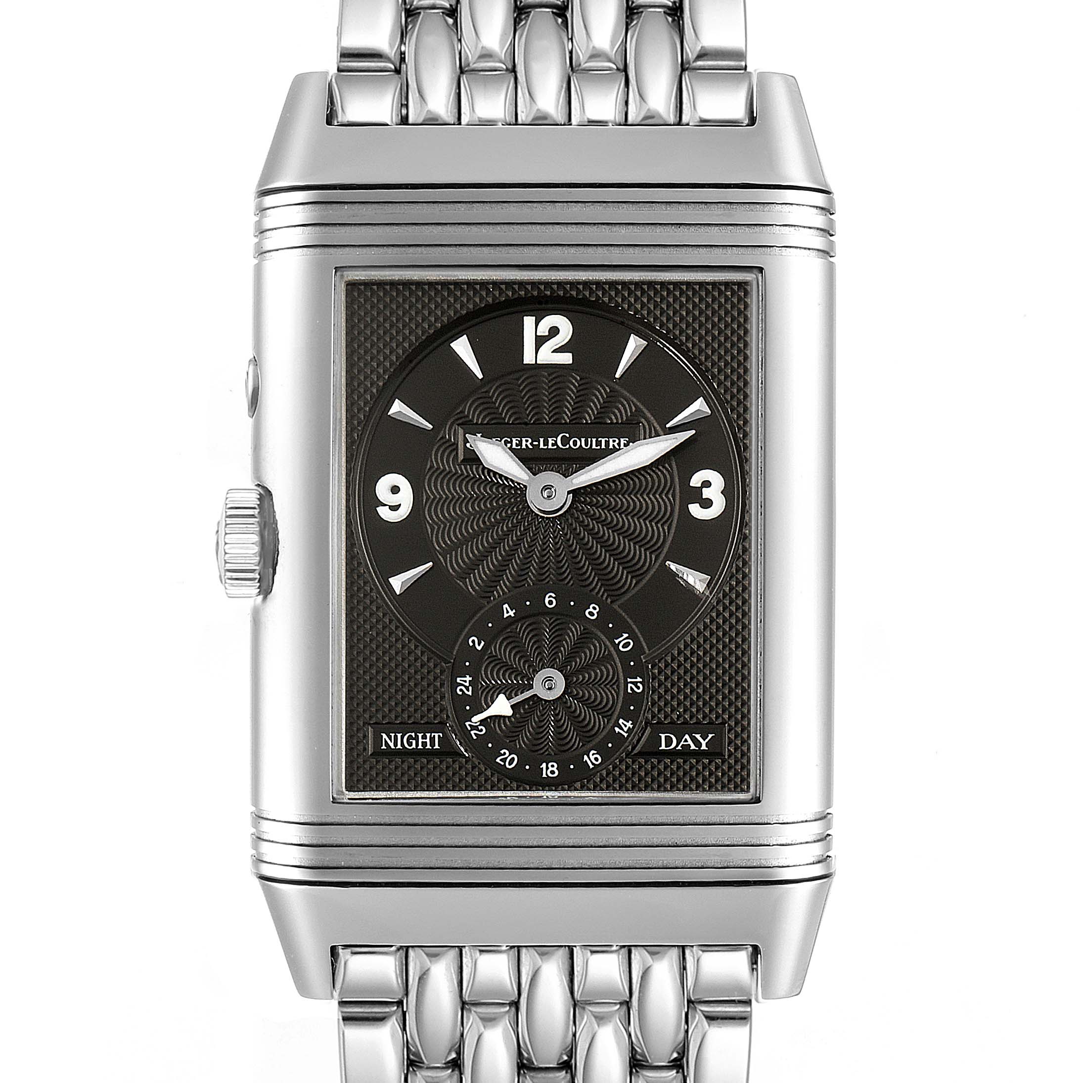 This image shows a front view of the Jaeger LeCoultre Reverso Q270854 Men's Stainless Steel Silver Dial Q270854 Men's Stainless Steel Silver Dial watch, featuring its dial, crown, and part of the bracelet.