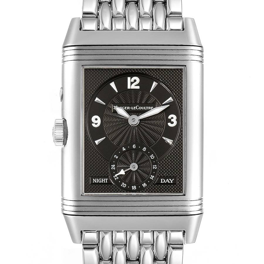 This image shows a front view of the Jaeger LeCoultre Reverso watch, featuring its dial, crown, and part of the bracelet.