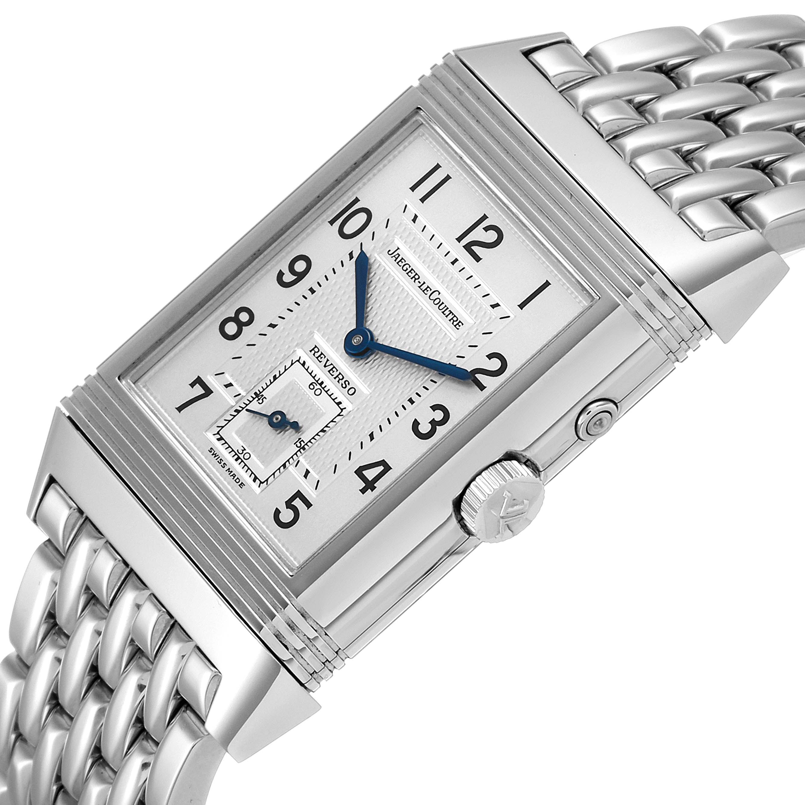 The image shows a Jaeger LeCoultre Reverso Q270854 Men's Stainless Steel Silver Dial Q270854 Men's Stainless Steel Silver Dial watch angled to display the face, crown, and part of the metal bracelet.