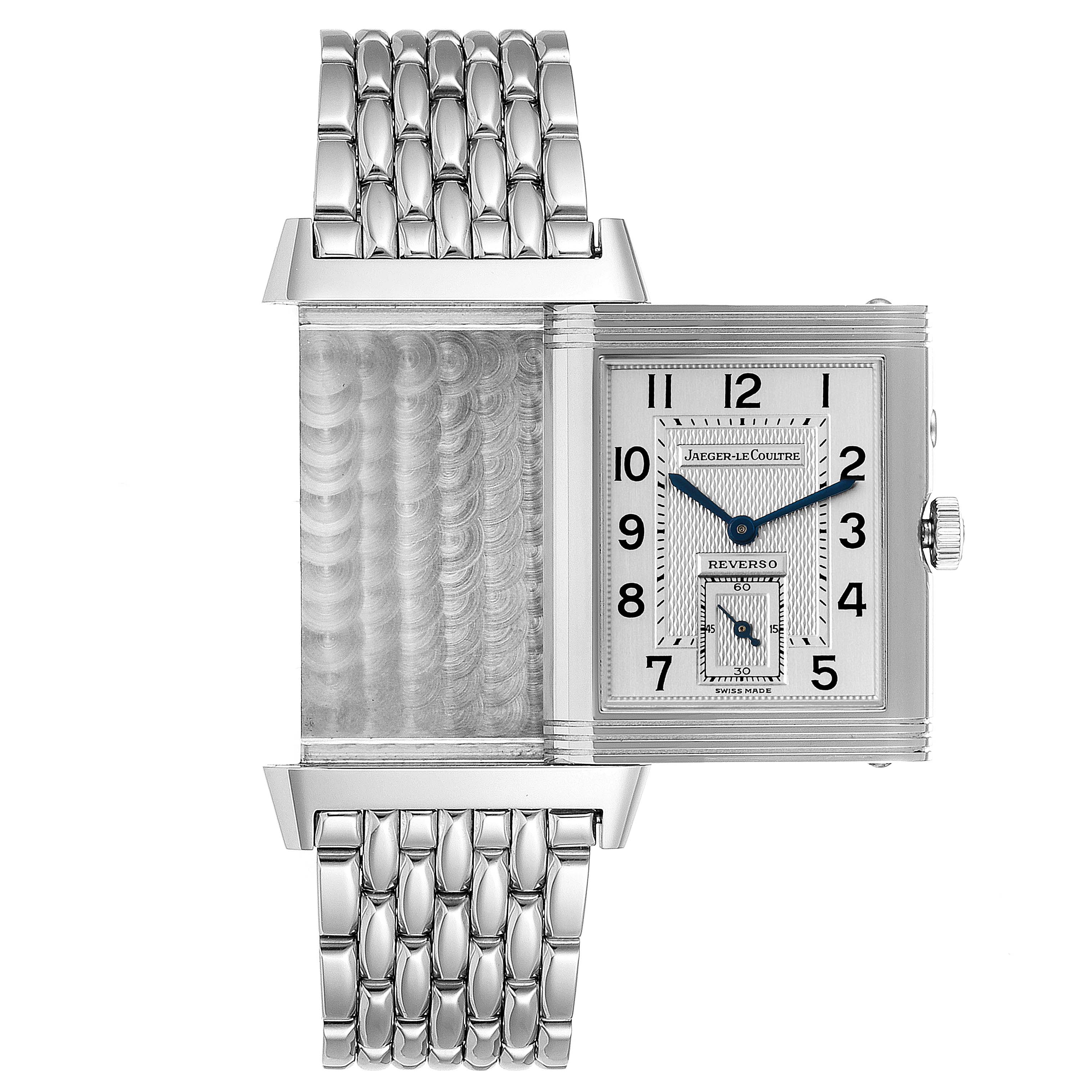 The image shows a Jaeger LeCoultre Reverso Q270854 Men's Stainless Steel Silver Dial Q270854 Men's Stainless Steel Silver Dial watch with its reversible case partially open, exposing both the face and back.