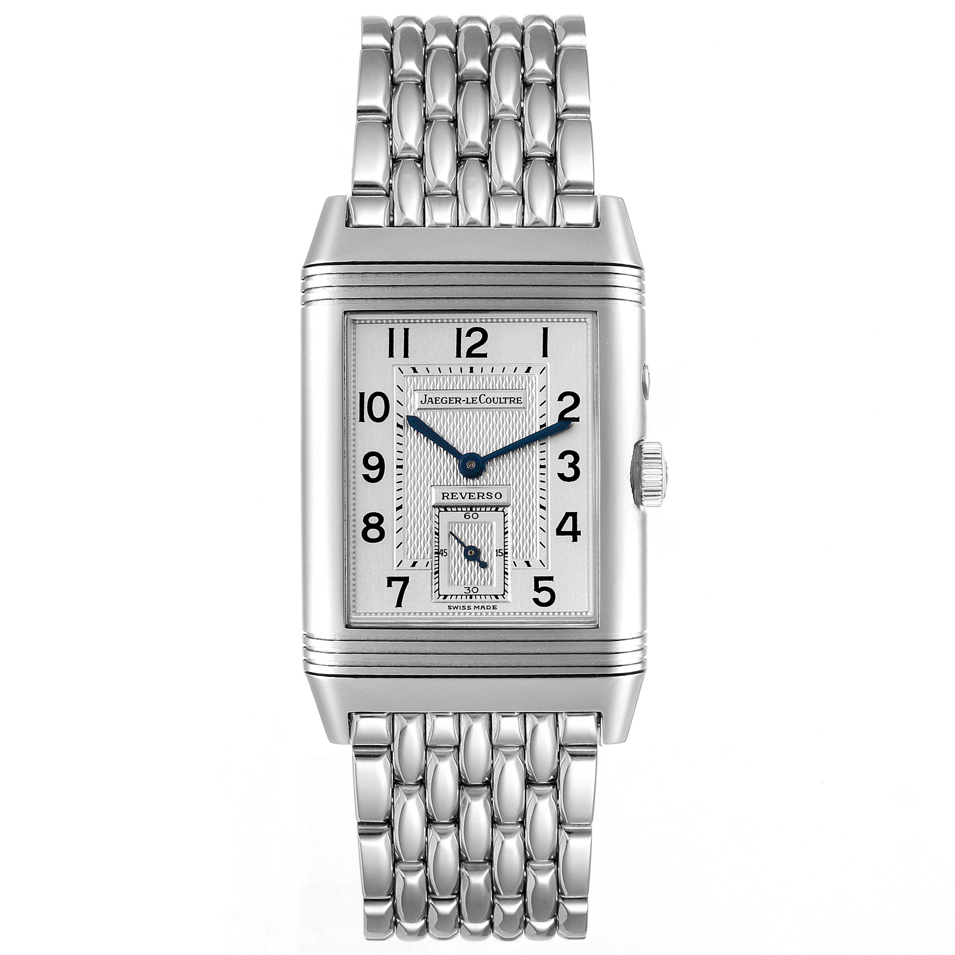 This image shows a frontal view of the Jaeger-LeCoultre Reverso watch, highlighting its face, bezel, and metal bracelet.