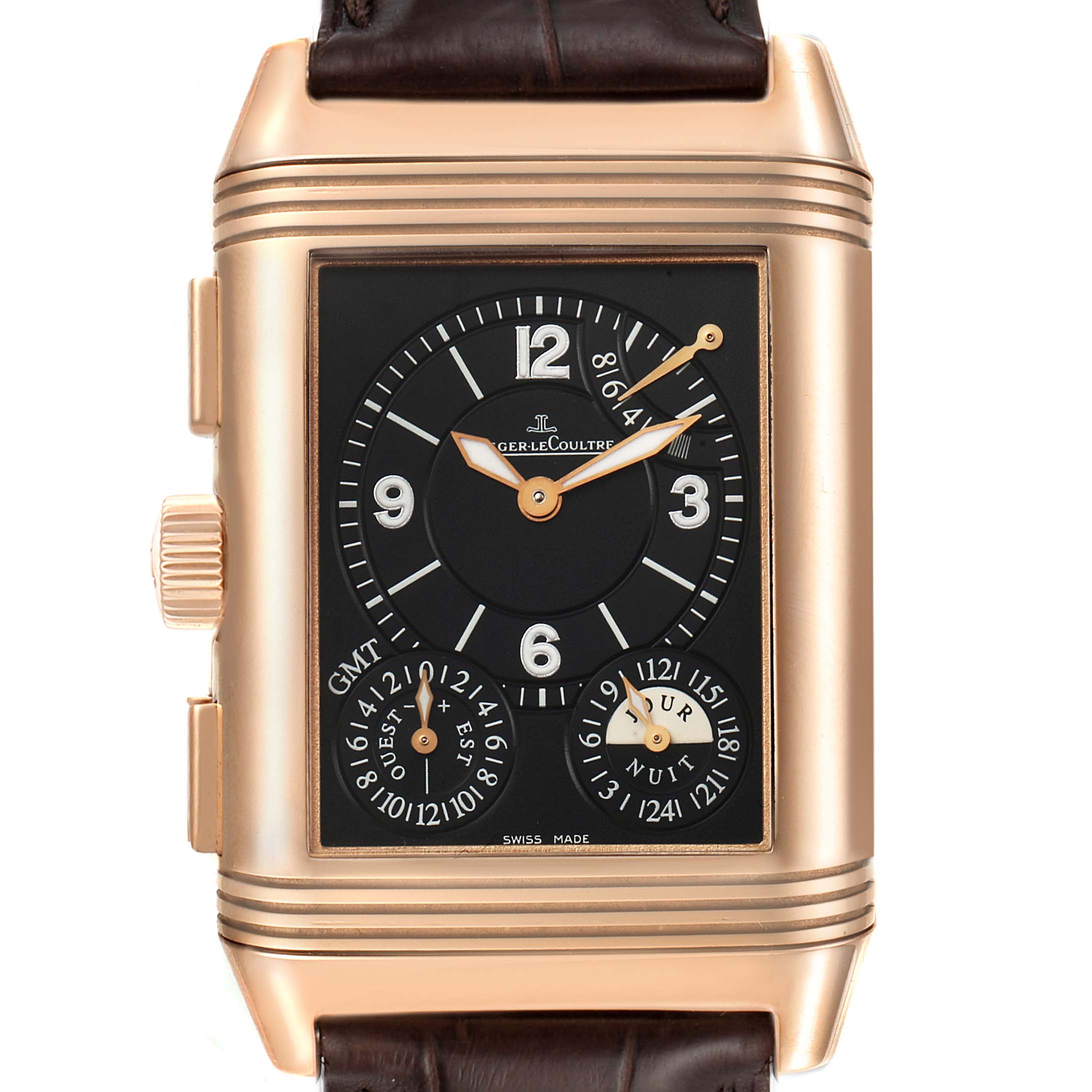The image shows a front view of a Jaeger-LeCoultre Reverso watch, highlighting its dials and rose gold case.