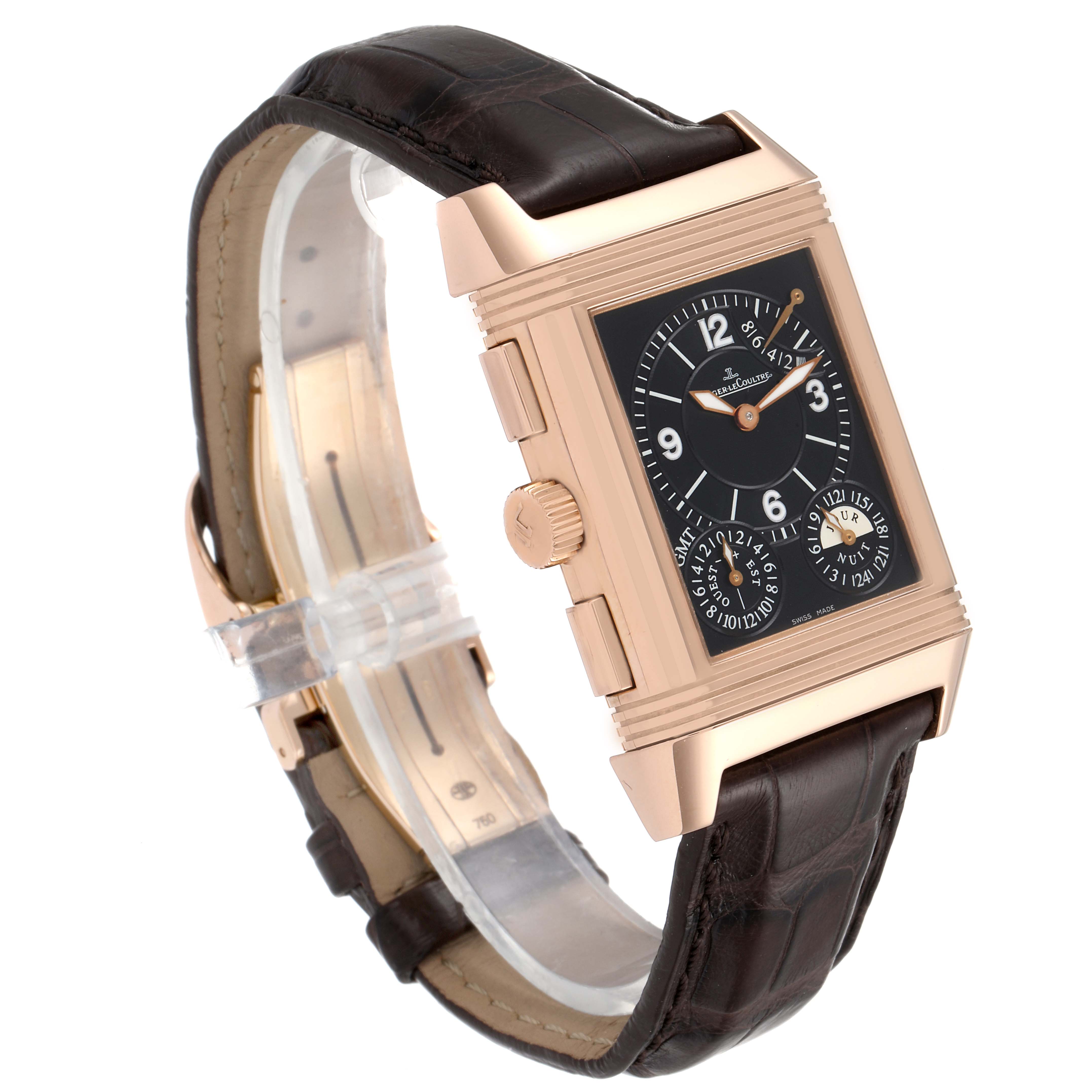 The image shows a Jaeger LeCoultre Reverso Q3022420 Men's Rose Gold Silver Dial Q3022420 Men's Rose Gold Silver Dial watch at a three-quarter angle, highlighting its face, crown, and leather strap.