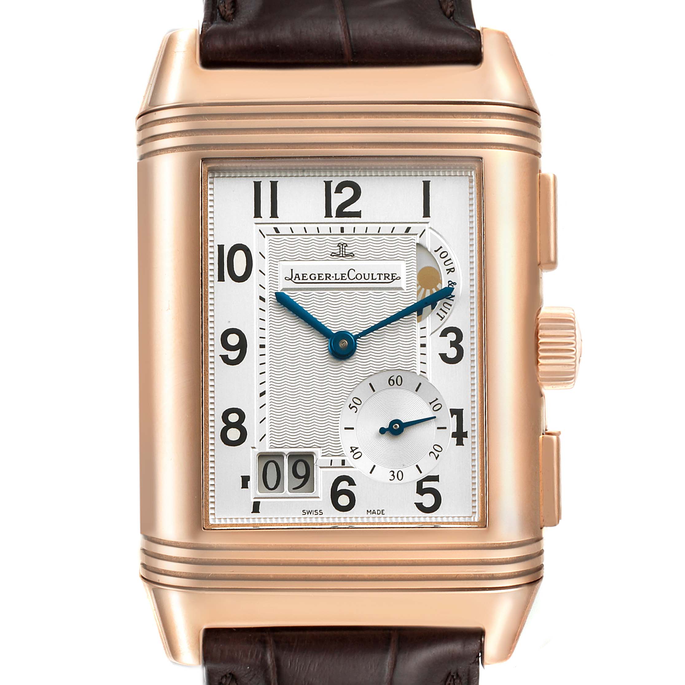 The image shows a front view of a Jaeger-LeCoultre Reverso watch, highlighting its dial, hands, and crown.