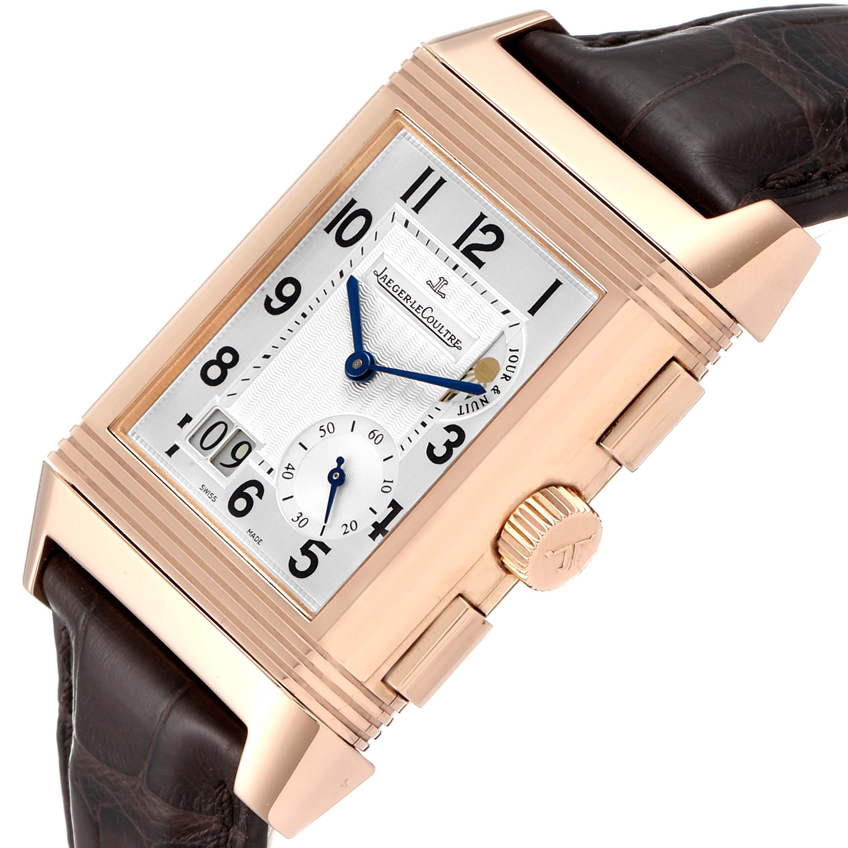 This image shows a Jaeger-LeCoultre Reverso watch at a slight angle, highlighting its rectangular face, crown, and leather strap.