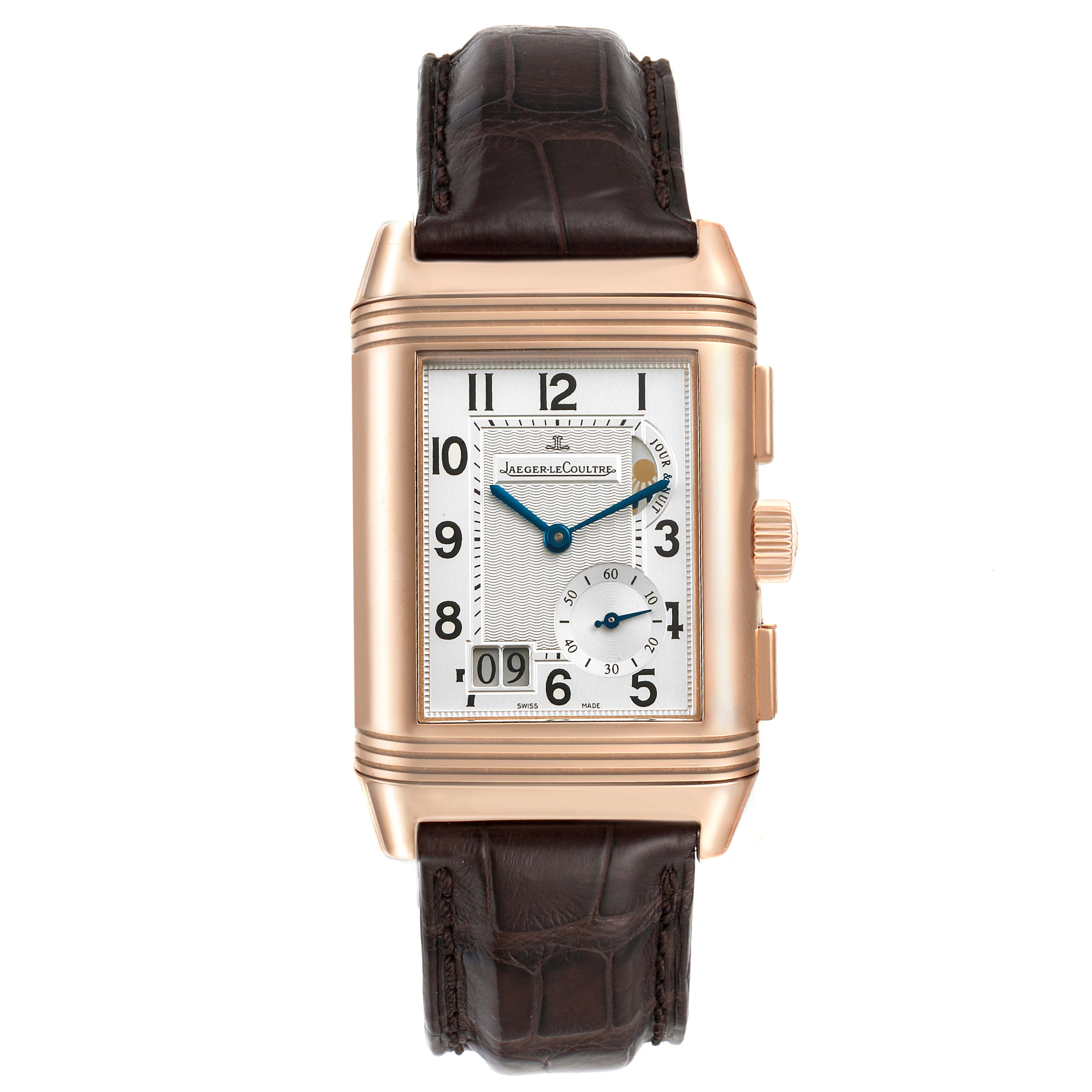 The image shows a front view of the Jaeger LeCoultre Reverso Q3022420 Men's Rose Gold Silver Dial Q3022420 Men's Rose Gold Silver Dial watch, displaying its rectangular face, dial, and brown leather strap.
