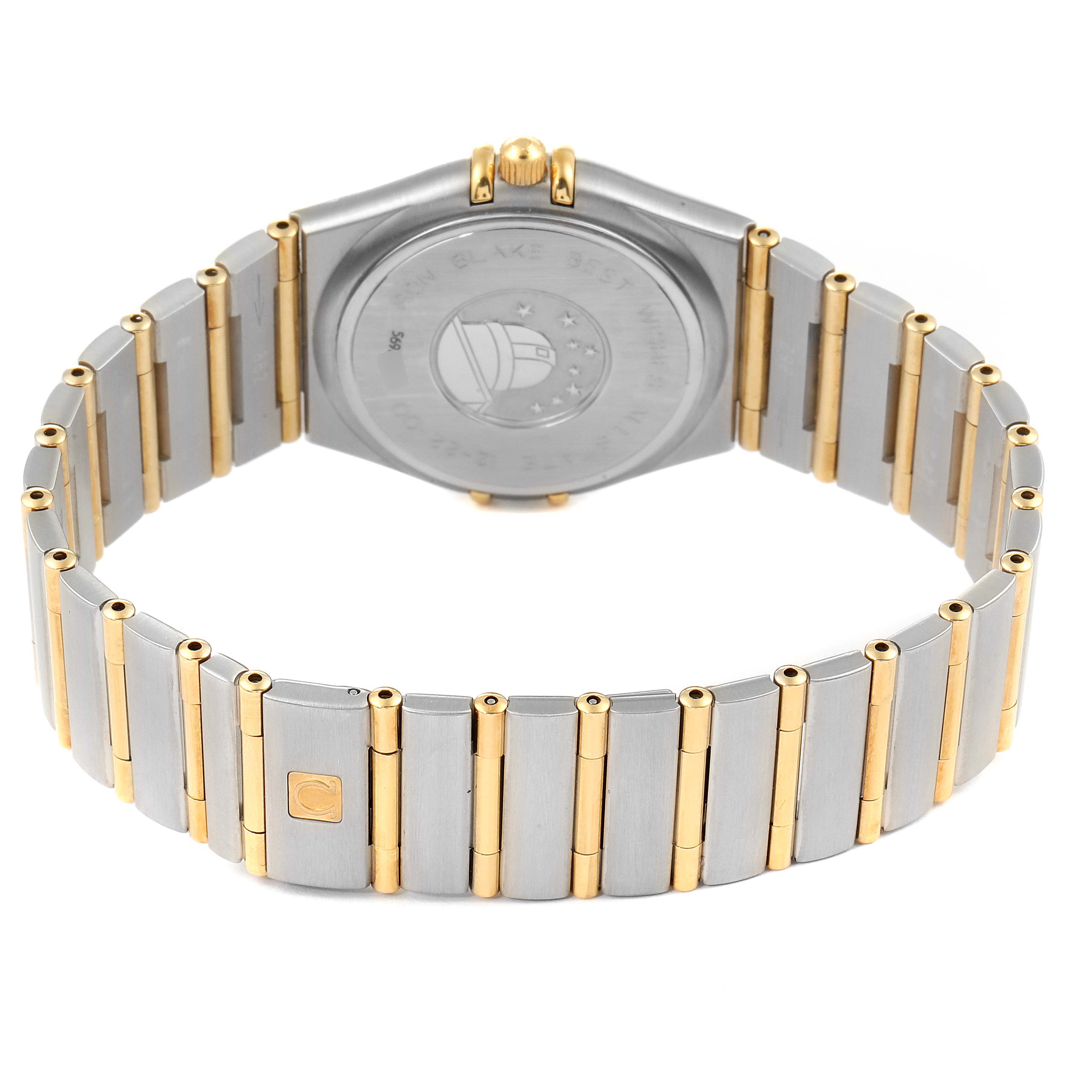 The image shows the back view of the Omega Constellation 1212.10.00 Men's Steel and Gold (two tone) Champagne Dial 1212.10.00 Men's Steel and Gold (two tone) Champagne Dial watch, highlighting the case back and the metal bracelet with gold accents.