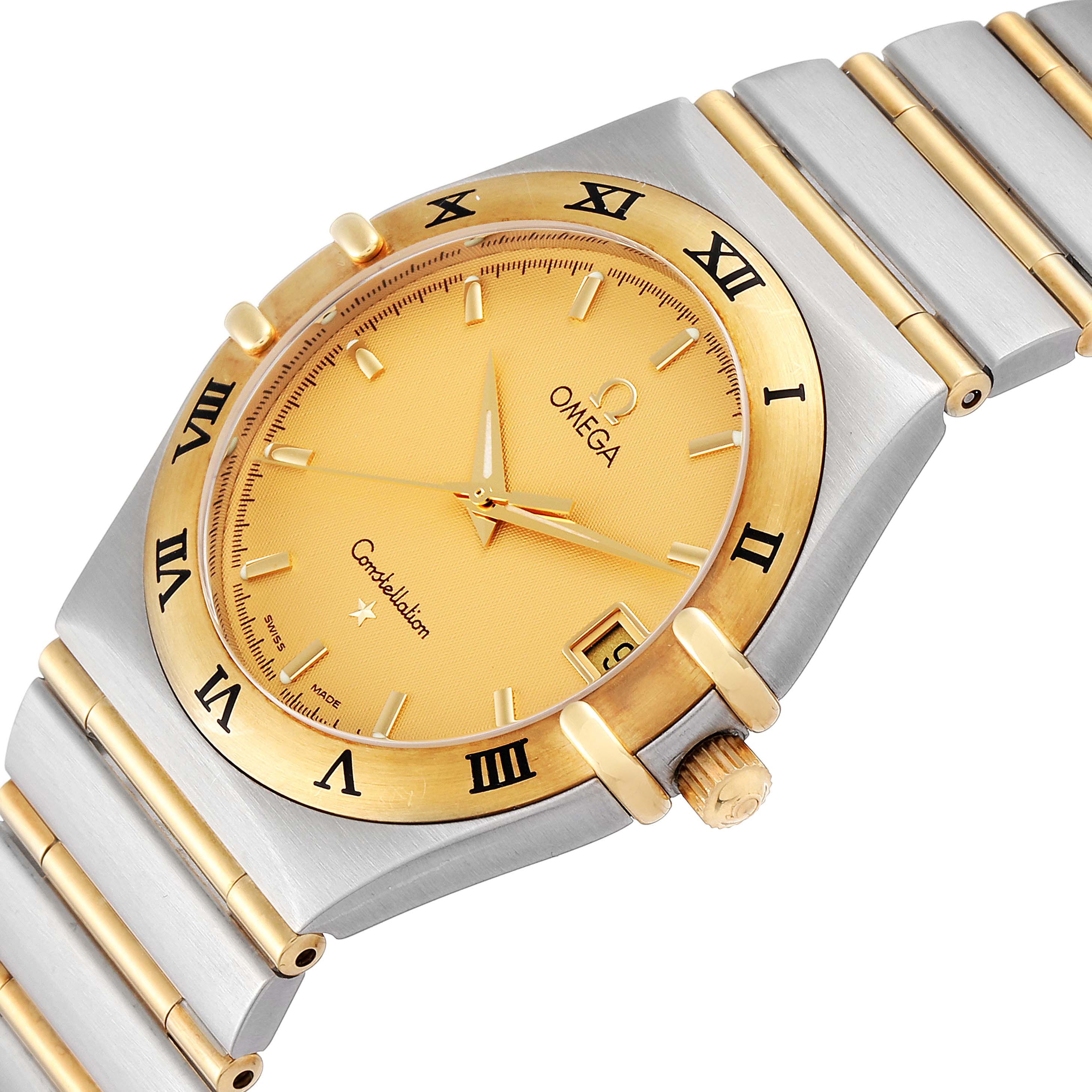 This image shows an angled close-up of an Omega Constellation 1212.10.00 Men's Steel and Gold (two tone) Champagne Dial 1212.10.00 Men's Steel and Gold (two tone) Champagne Dial watch, highlighting the face, bezel, and part of the bracelet.