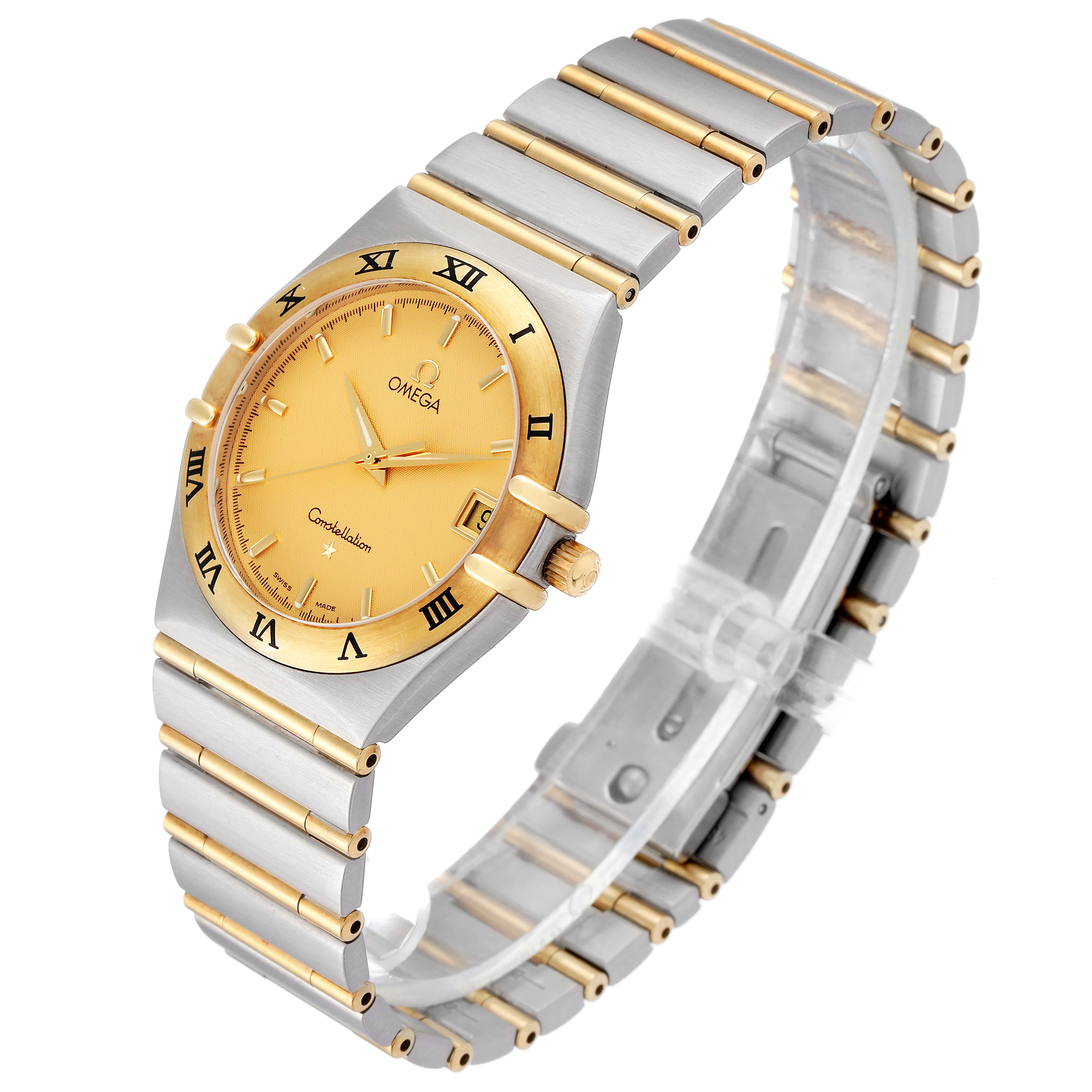 The image shows an Omega Constellation 1212.10.00 Men's Steel and Gold (two tone) Champagne Dial 1212.10.00 Men's Steel and Gold (two tone) Champagne Dial watch at a slight angle, highlighting its gold and silver bracelet, bezel, and dial.