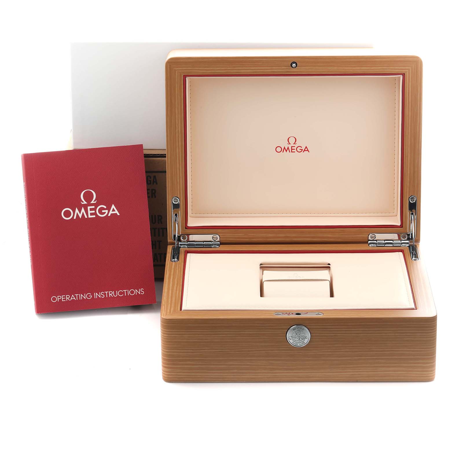 The image shows the Omega Seamaster 233.60.41.21.03.001 Men's Steel and Gold (two tone) Blue Dial 233.60.41.21.03.001 Men's Steel and Gold (two tone) Blue Dial box and operating instructions, viewed from the front with the box open.