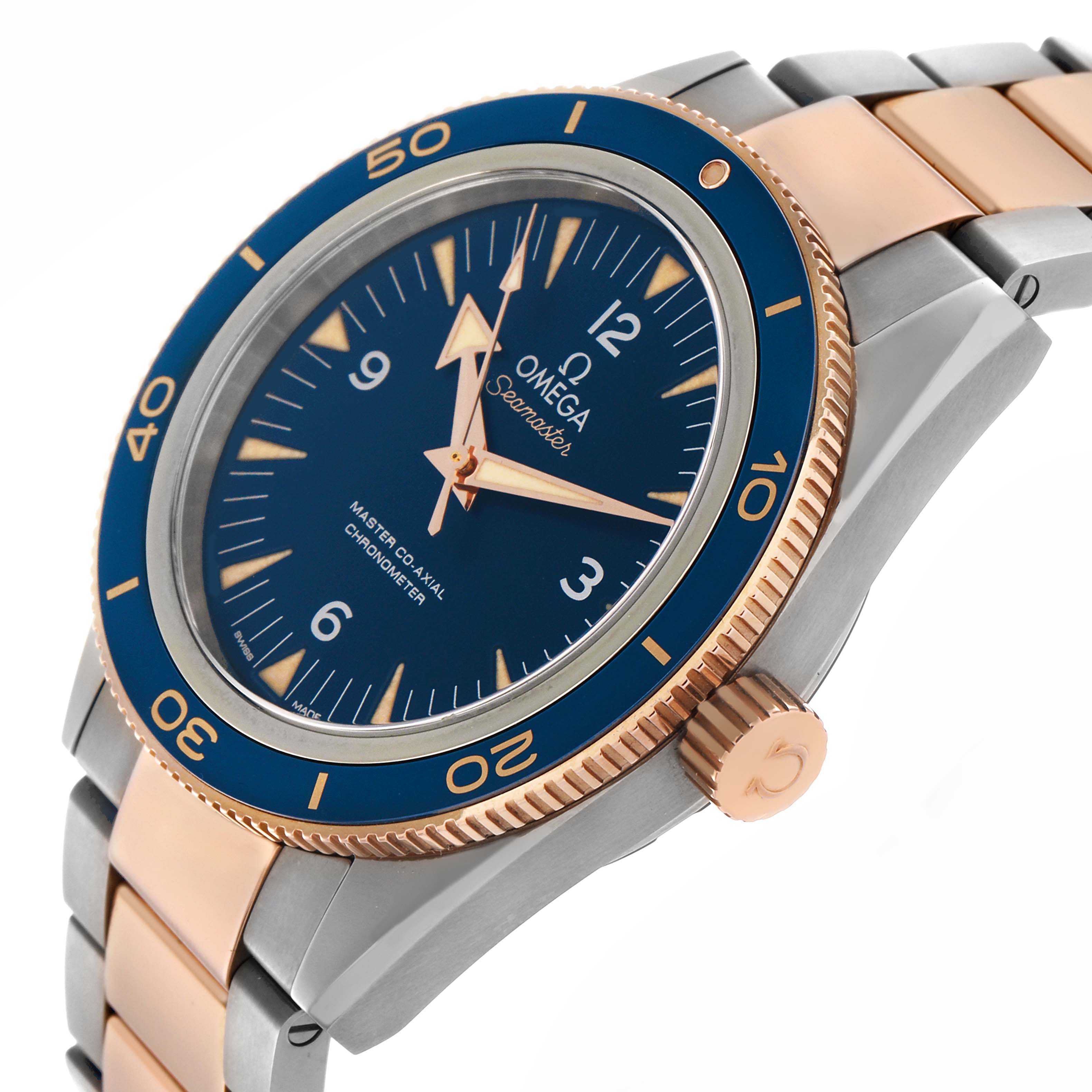 The Omega Seamaster 233.60.41.21.03.001 Men's Steel and Gold (two tone) Blue Dial 233.60.41.21.03.001 Men's Steel and Gold (two tone) Blue Dial watch is shown at an angle highlighting the face, bezel, and part of the bracelet.