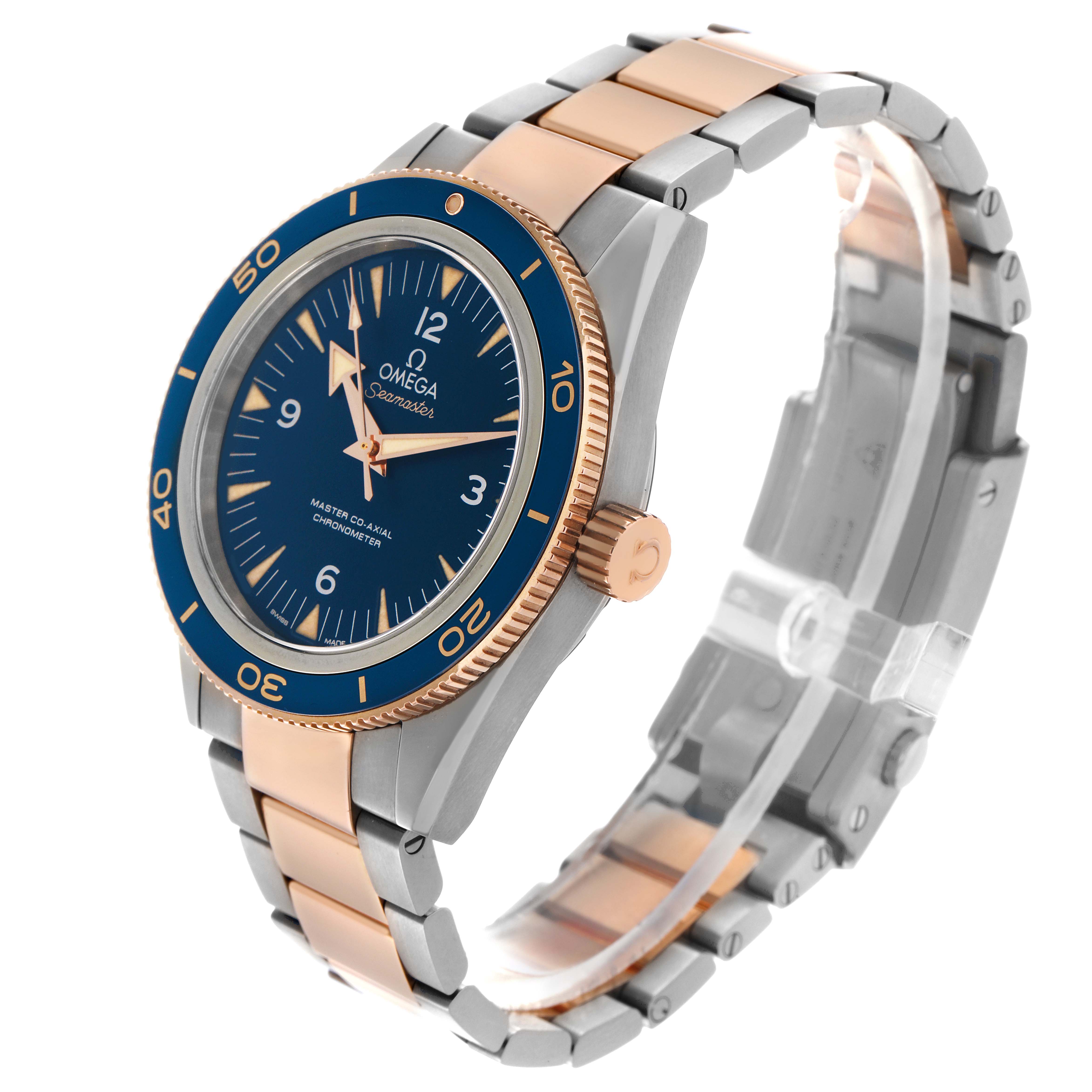 The Omega Seamaster 233.60.41.21.03.001 Men's Steel and Gold (two tone) Blue Dial 233.60.41.21.03.001 Men's Steel and Gold (two tone) Blue Dial watch is angled to show the face, bezel, crown, and two-tone bracelet.
