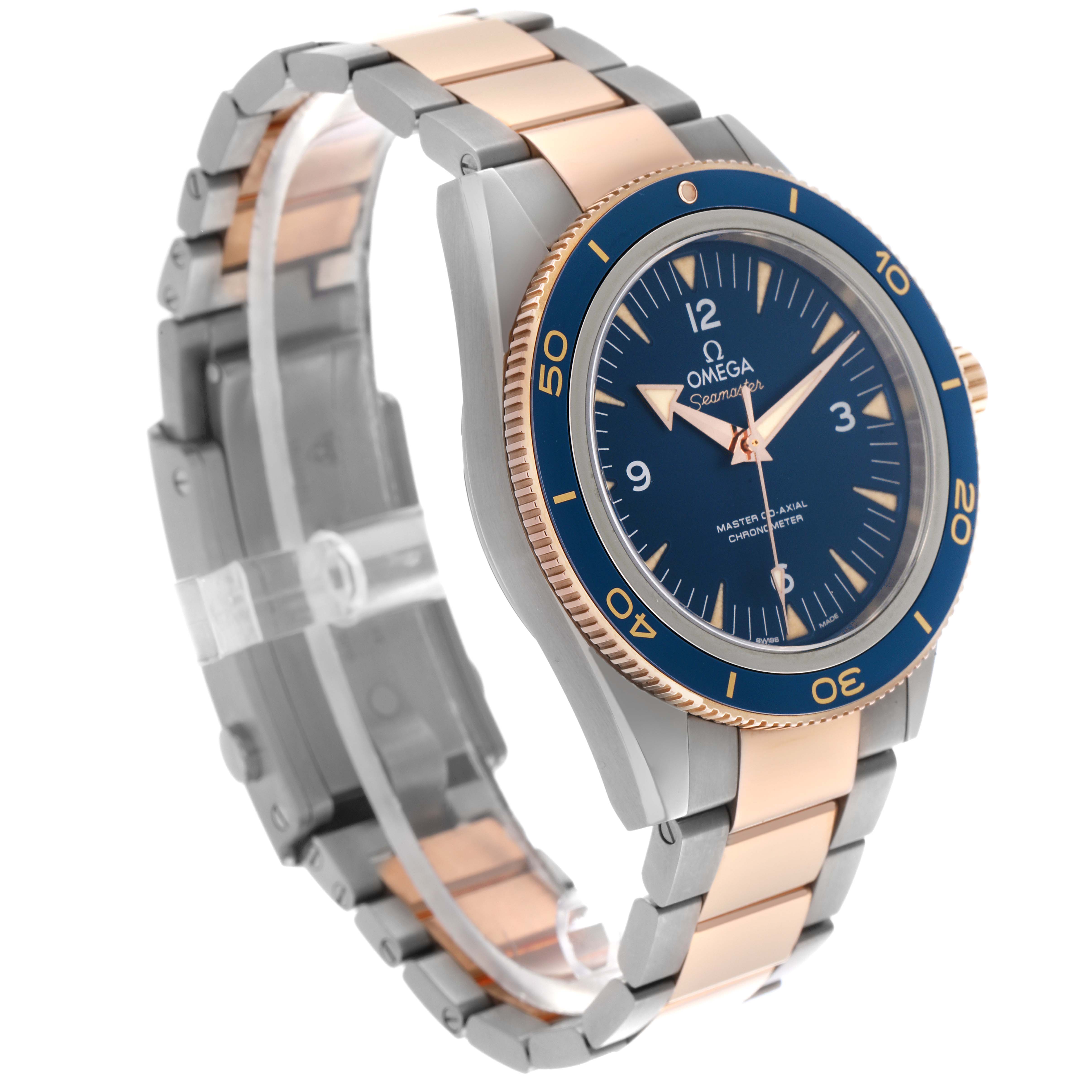 The Omega Seamaster 233.60.41.21.03.001 Men's Steel and Gold (two tone) Blue Dial 233.60.41.21.03.001 Men's Steel and Gold (two tone) Blue Dial watch is shown at a slight angle highlighting its blue dial, gold accents, and the bracelet design.
