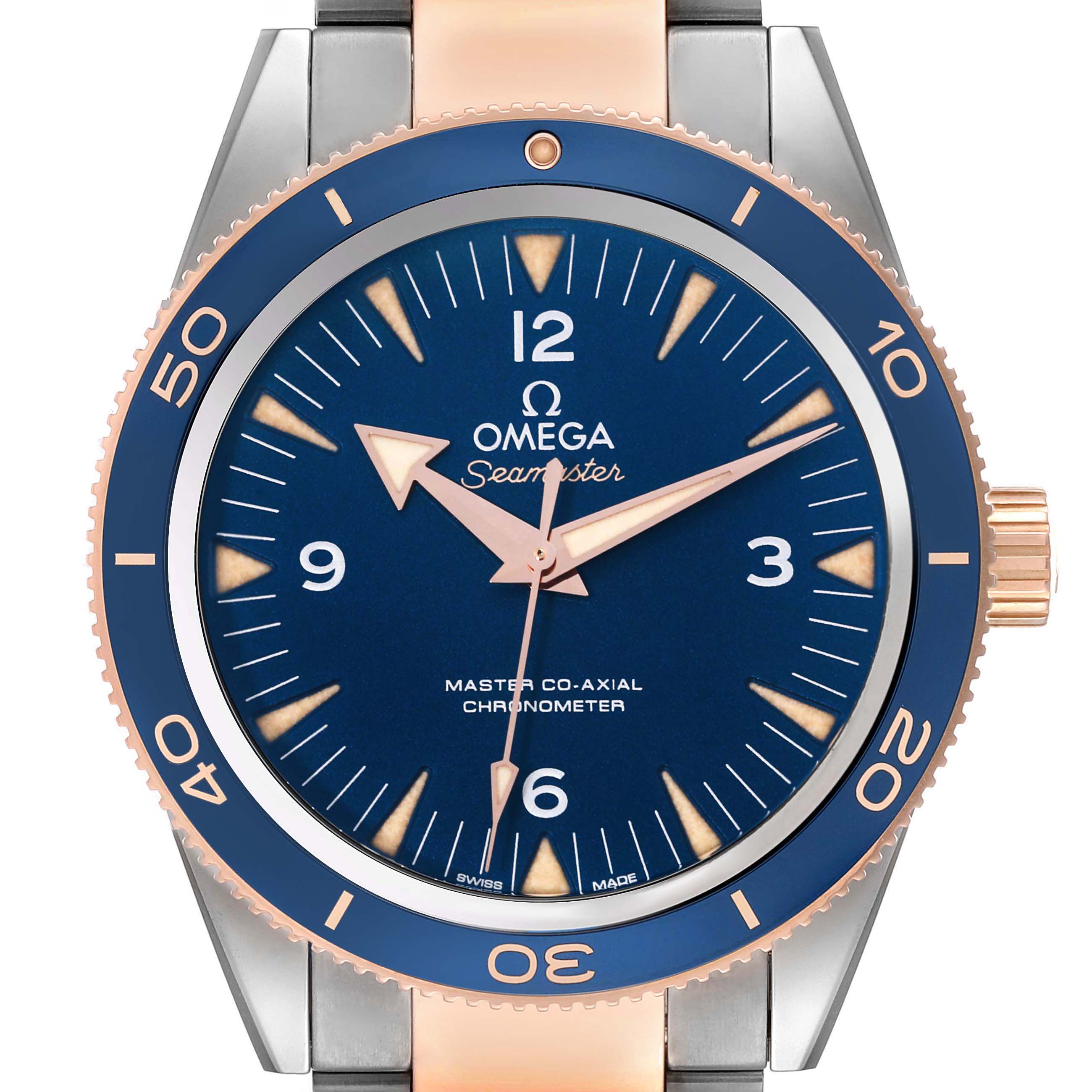 The Omega Seamaster 233.60.41.21.03.001 Men's Steel and Gold (two tone) Blue Dial 233.60.41.21.03.001 Men's Steel and Gold (two tone) Blue Dial watch is shown from the front, highlighting the bezel, dial, hands, and crown.